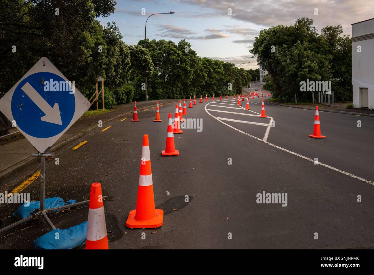 Orangefarbene Verkehrskegel auf der Straße. Platine mit blauem Pfeil, der nach rechts zeigt, um den Verkehr umzuleiten. Auckland. Stockfoto