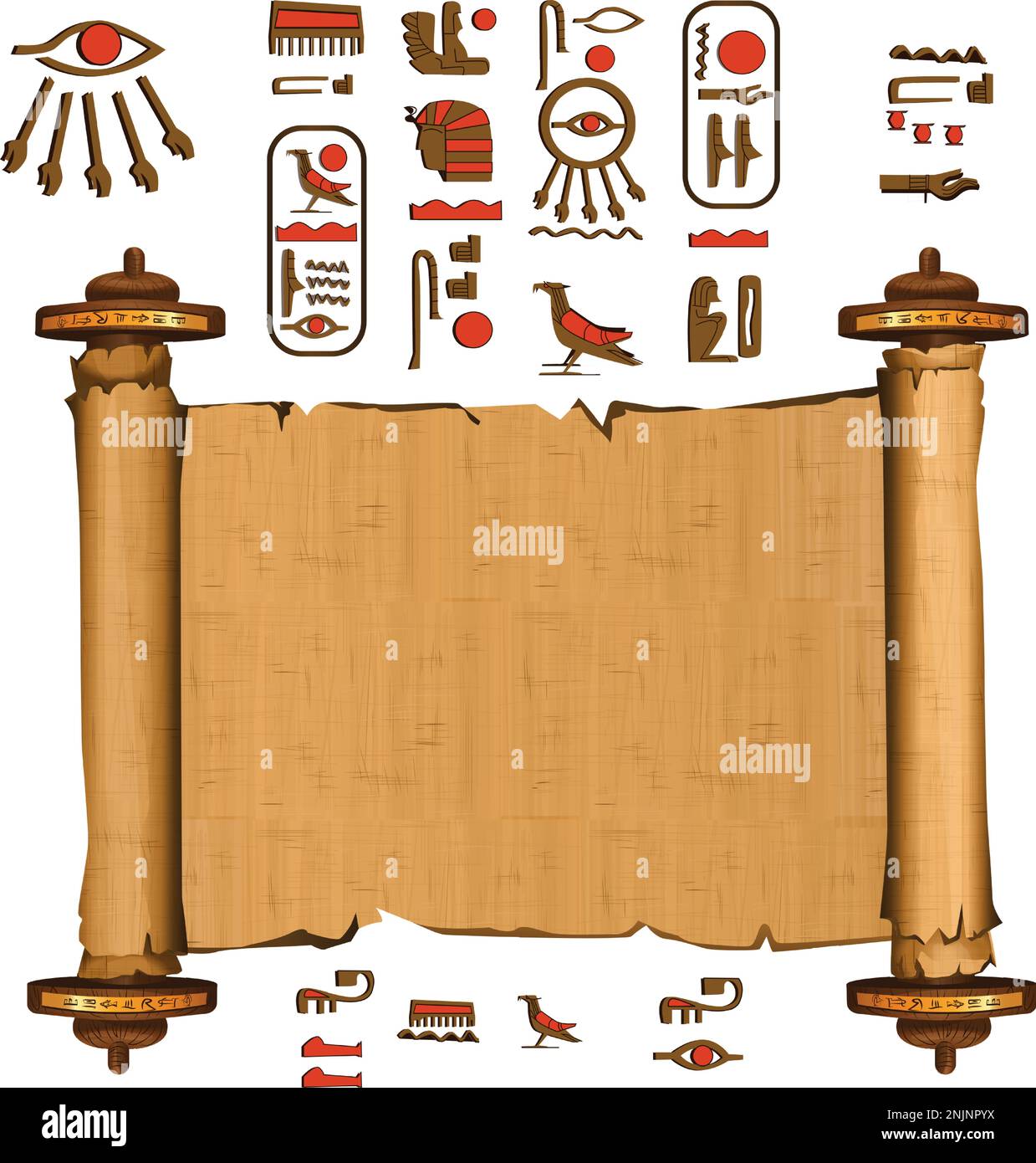 Alte ägyptische Papyrus-Schriftrolle mit Holzstäbchen-Cartoon-Vektor. Antikes Papier mit Hieroglyphen und ägyptischen Kultursymbolen, antiken Göttern, heiligen Vogel, isoliertes Manuskript auf weißem Hintergrund Stock Vektor