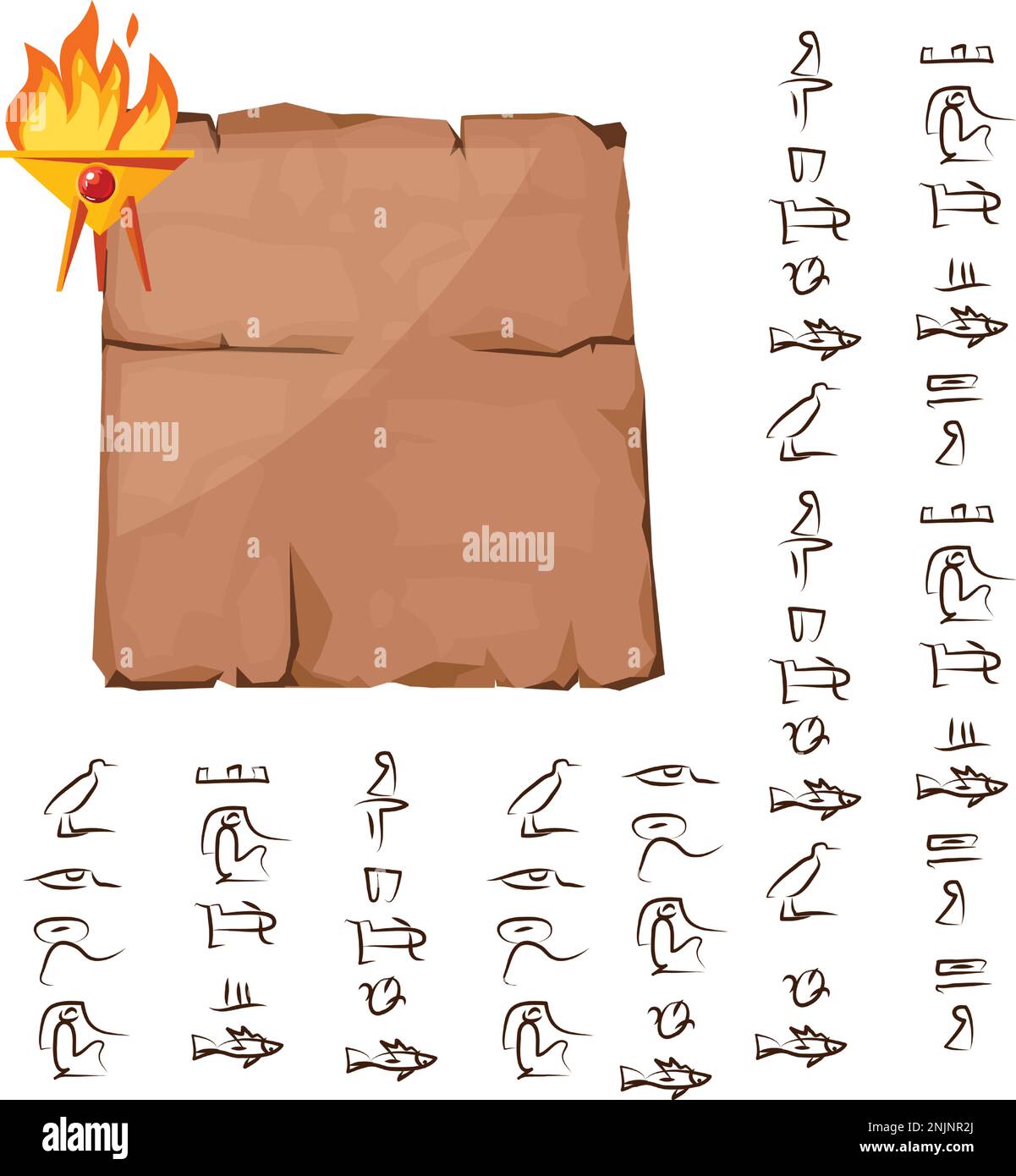 Altes ägyptisches Papyrus mit Opferfeuer-Symbol Cartoon-Vektordarstellung. Antikes Papier mit Hieroglyphen, Informationen, ägyptische Kultur, religiöses Symbol isoliert auf weißem Hintergrund Stock Vektor