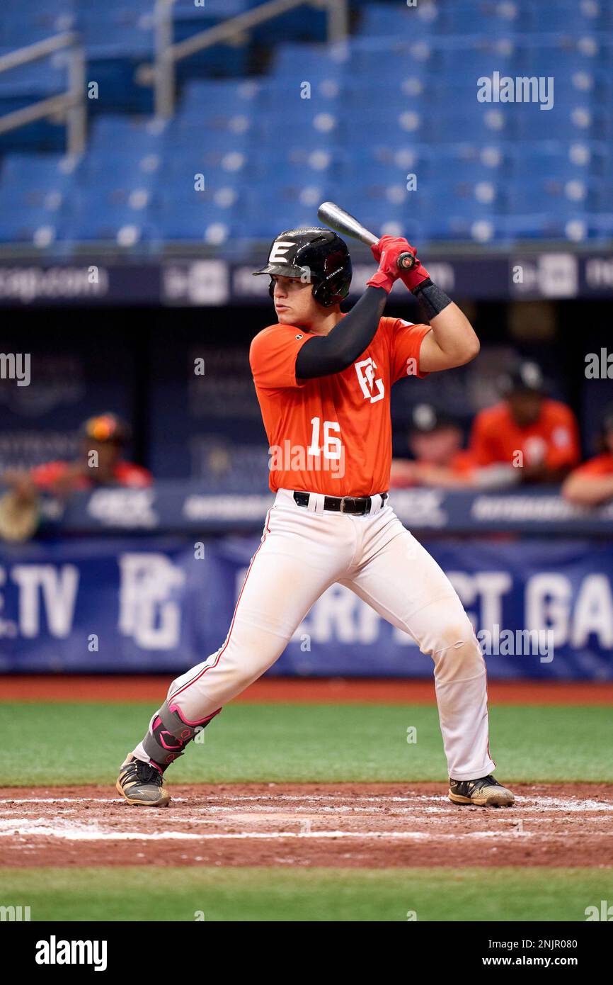 Kristian Noriega (16) of Western High School in Davie, Florida during the Perfect Game National Showcase on July 17, 2021 at Tropicana Field in St. Petersburg, Florida. (Mike Janes/Four Seam Images via AP) Stockfoto