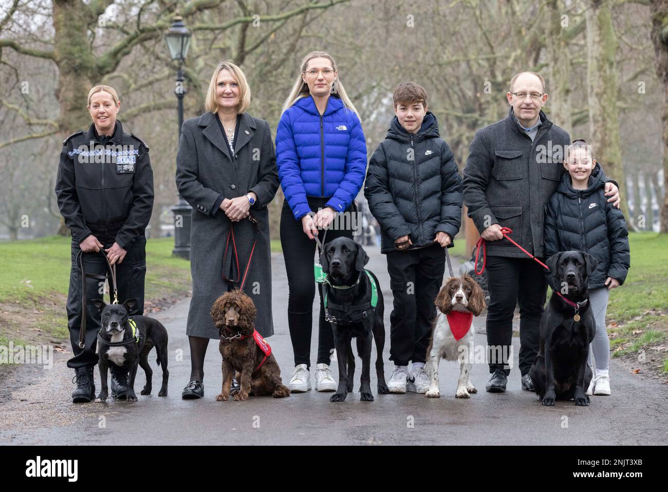 FOTO: JEFF GILBERT, 22. Februar 2023 FÜNF LEBENSVERÄNDERNDE HUNDE ENTHÜLLT ALS FINALISTEN IM CRUFTS CANINE HERO AWARD (von links nach rechts) AUSSERGEWÖHNLICHES LEBEN Eines ARBEITENDEN HUNDES - pensionierter Polizeihund Stella, und ihr Besitzer PC Clair Todd, RETTUNGSHUND HELD - Medical Detection Dog Asher und seine Besitzerin Claire, HELDENHALTSHUND - Hunde für guten Assistenzhund Albert und sein Besitzer Jemima, KINDERCHAMPION - Springer Spaniel, Bernie und sein Spendensammler Ashley, BESTE FREUNDE - Haustier Beauty der Familie ein Labrador Retriever, mit Lily (11 Jahre alt) und Vater Wayne. Stockfoto