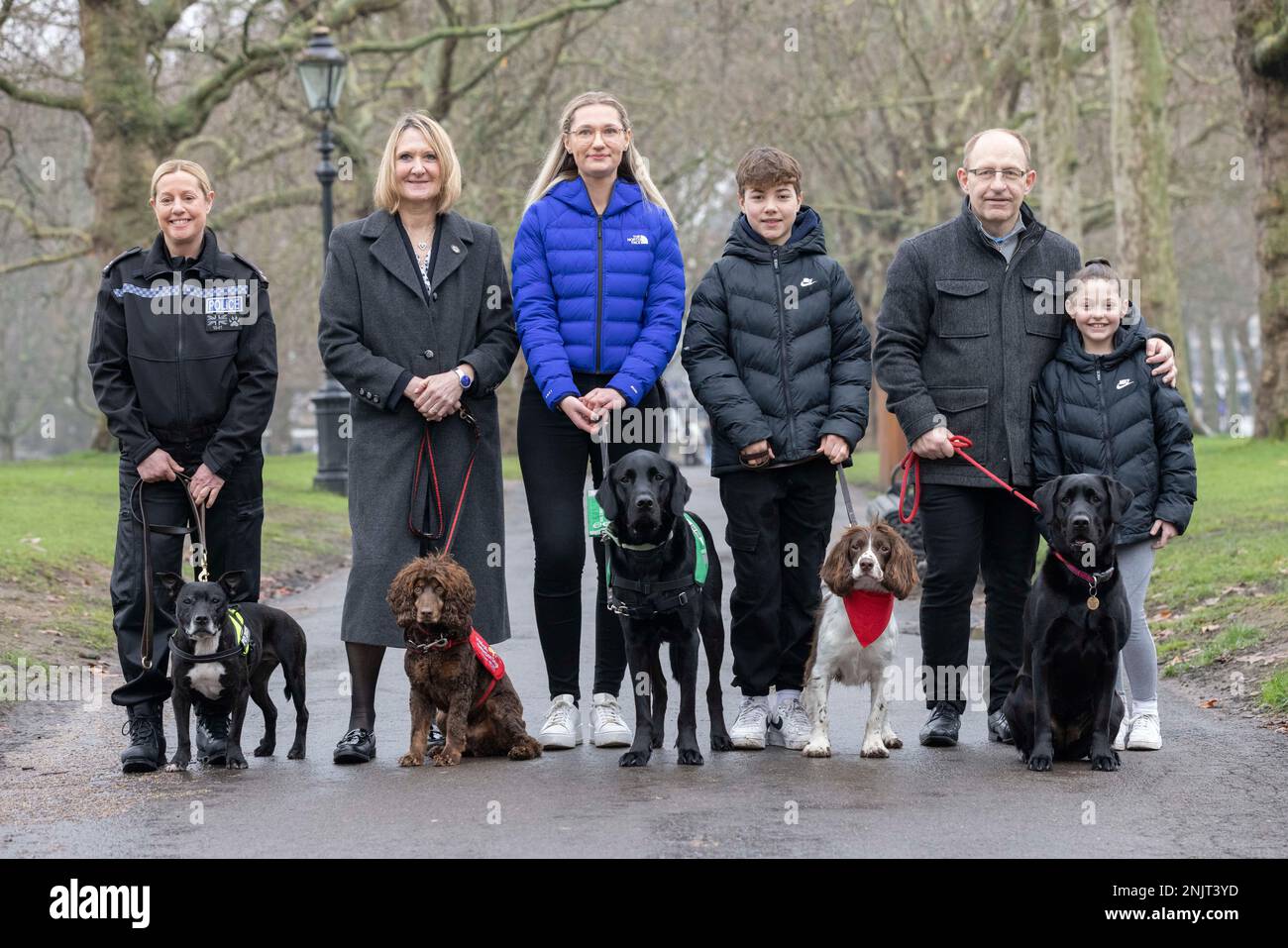 FOTO: JEFF GILBERT, 22. Februar 2023 FÜNF LEBENSVERÄNDERNDE HUNDE ENTHÜLLT ALS FINALISTEN IM CRUFTS CANINE HERO AWARD (von links nach rechts) AUSSERGEWÖHNLICHES LEBEN Eines ARBEITENDEN HUNDES - pensionierter Polizeihund Stella, und ihr Besitzer PC Clair Todd, RETTUNGSHUND HELD - Medical Detection Dog Asher und seine Besitzerin Claire, HELDEN-STÜTZHUND - Hunde für guten Assistenzhund Albert und sein Besitzer Jemima, childÕs-CHAMPION - Springer Spaniel, Bernie und sein Spendensammler Ashley, BESTE FREUNDE - Familientier Beauty ein Labrador Retriever, mit Lily (11 Jahre alt) und Vater Wayne. Stockfoto