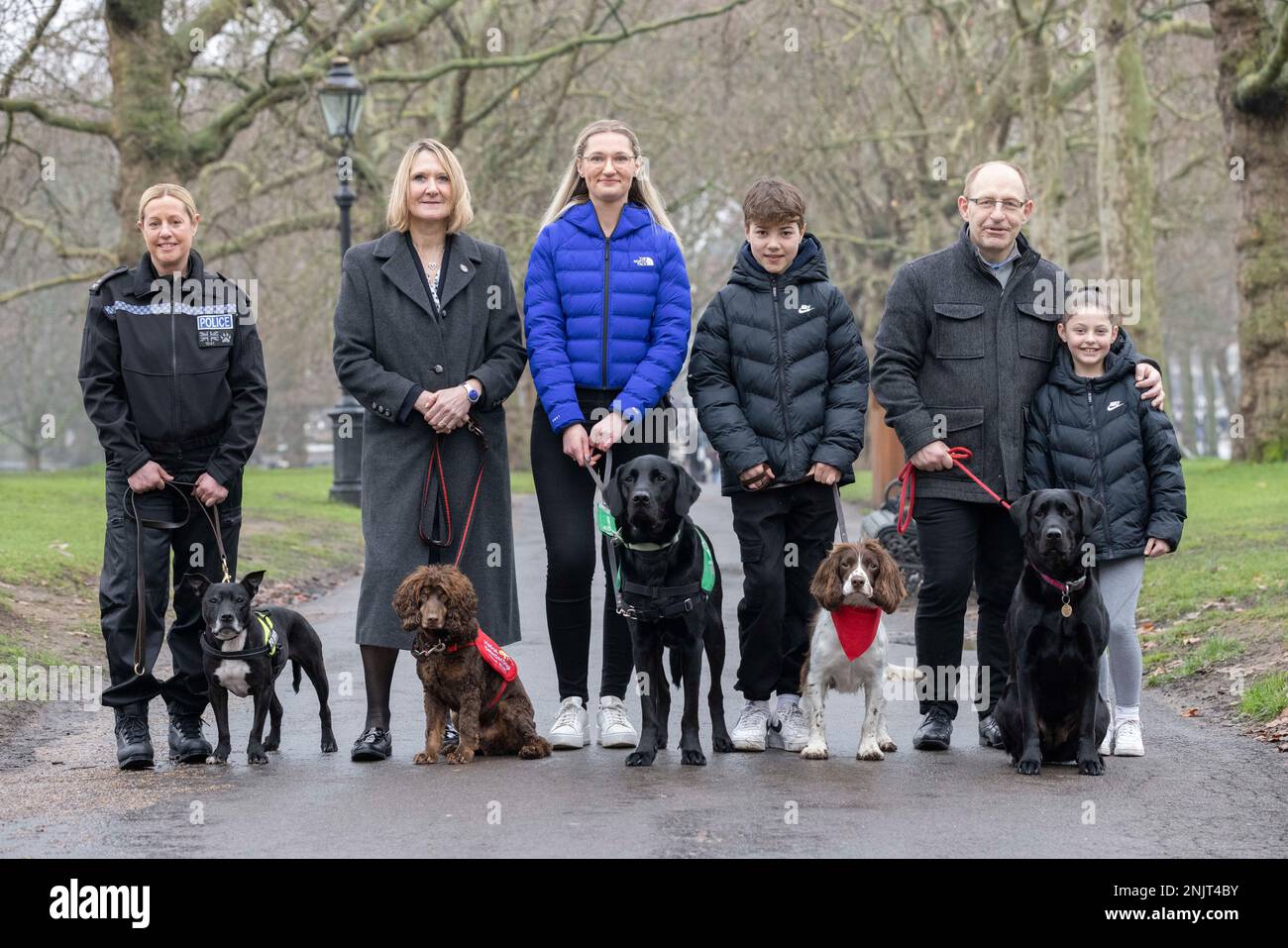 FOTO: JEFF GILBERT, 22. Februar 2023 FÜNF LEBENSVERÄNDERNDE HUNDE ENTHÜLLT ALS FINALISTEN IM CRUFTS CANINE HERO AWARD (von links nach rechts) AUSSERGEWÖHNLICHES LEBEN Eines ARBEITENDEN HUNDES - pensionierter Polizeihund Stella, und ihr Besitzer PC Clair Todd, RETTUNGSHUND HELD - Medical Detection Dog Asher und seine Besitzerin Claire, HELDEN-STÜTZHUND - Hunde für guten Assistenzhund Albert und sein Besitzer Jemima, childÕs-CHAMPION - Springer Spaniel, Bernie und sein Spendensammler Ashley, BESTE FREUNDE - Familientier Beauty ein Labrador Retriever, mit Lily (11 Jahre alt) und Vater Wayne. Stockfoto