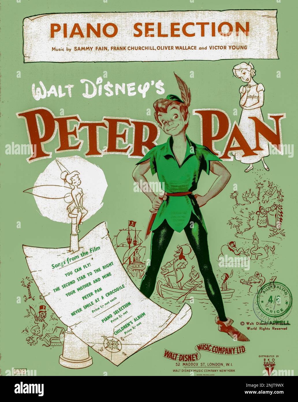 Ein gescanntes Bild einer Klavierauswahl aus dem Peter-Pan-Film von Walt Disney aus dem Jahr 1953. Dieses Dokument wurde in Australien verkauft und in der britischen Währung vor 1966 verkauft Stockfoto