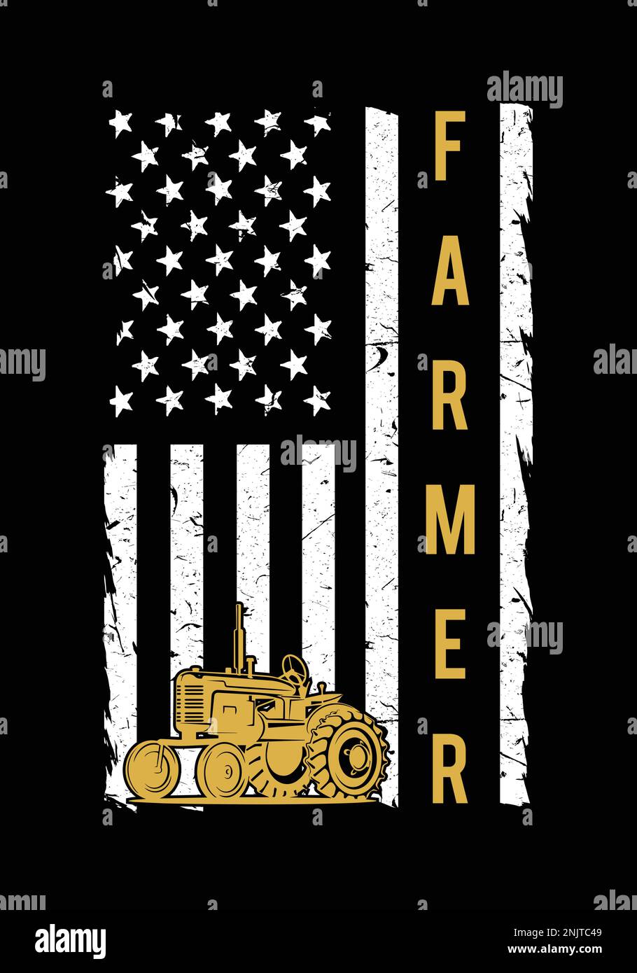 Amerikanische Farmerflagge. American Pride 4. of July Farmer-T-Shirt mit schwarz-weißer US-Flagge und Traktor. Stock Vektor