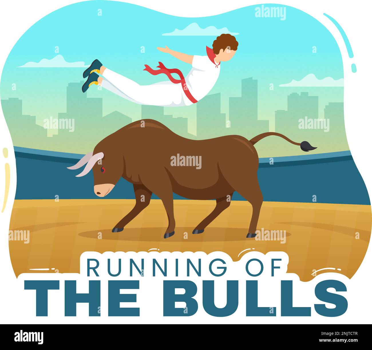 „Running of the Bulls Illustration with Bullfighting Show in Arena“ in einem flachen Cartoon, handgezeichnet für Webbanner oder Landing-Page-Vorlage Stock Vektor