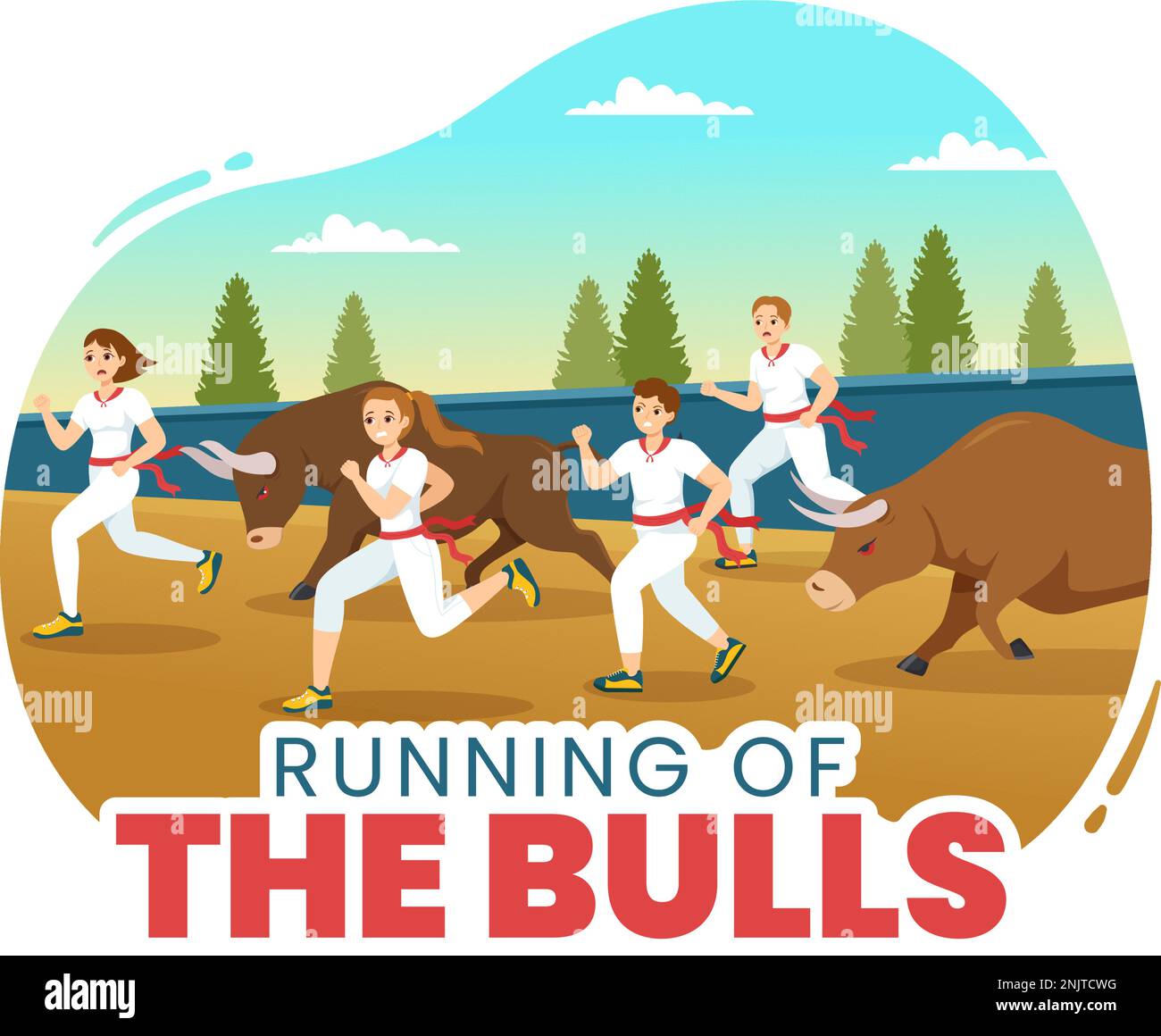 „Running of the Bulls Illustration with Bullfighting Show in Arena“ in einem flachen Cartoon, handgezeichnet für Webbanner oder Landing-Page-Vorlage Stock Vektor