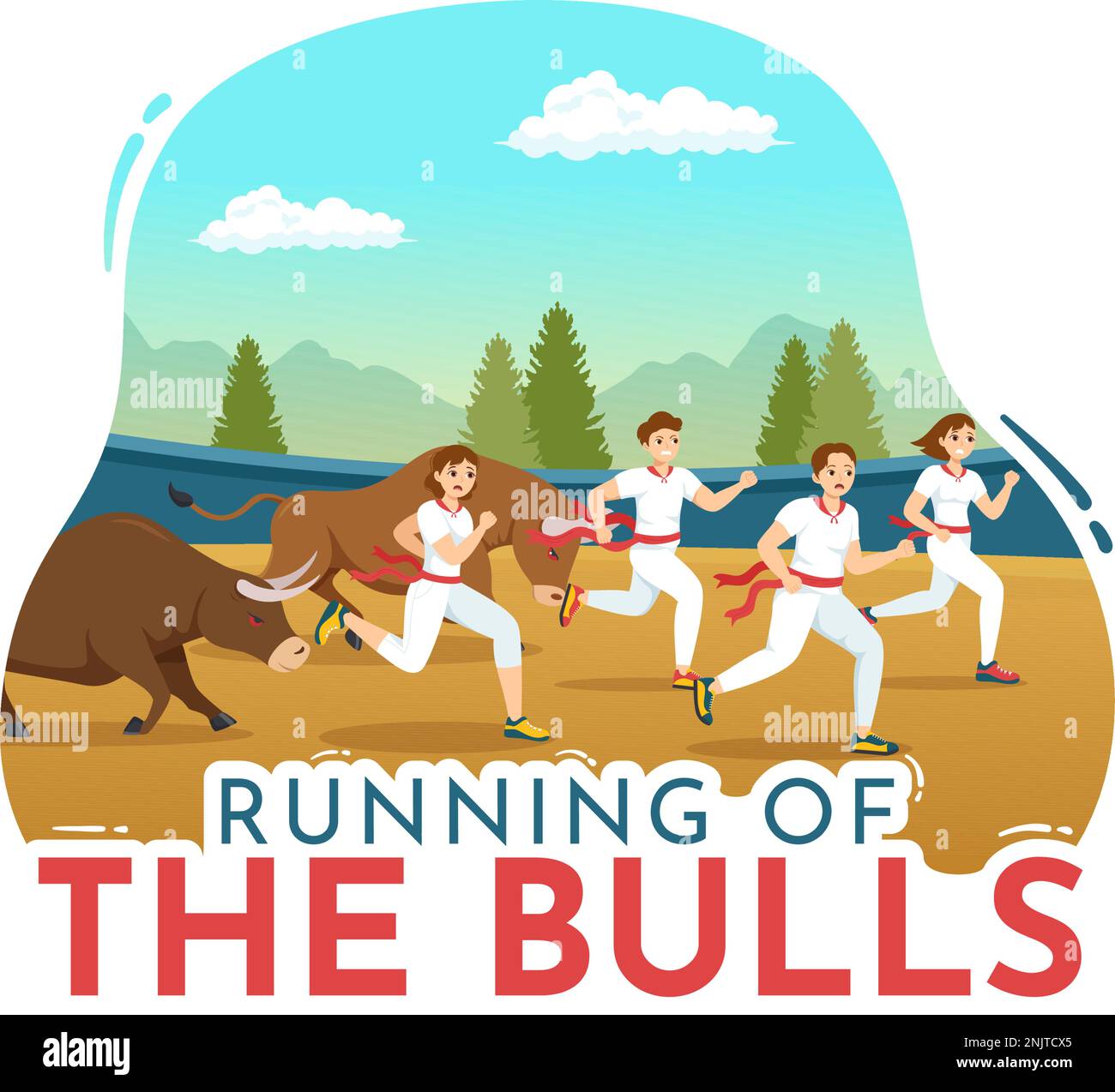 „Running of the Bulls Illustration with Bullfighting Show in Arena“ in einem flachen Cartoon, handgezeichnet für Webbanner oder Landing-Page-Vorlage Stock Vektor