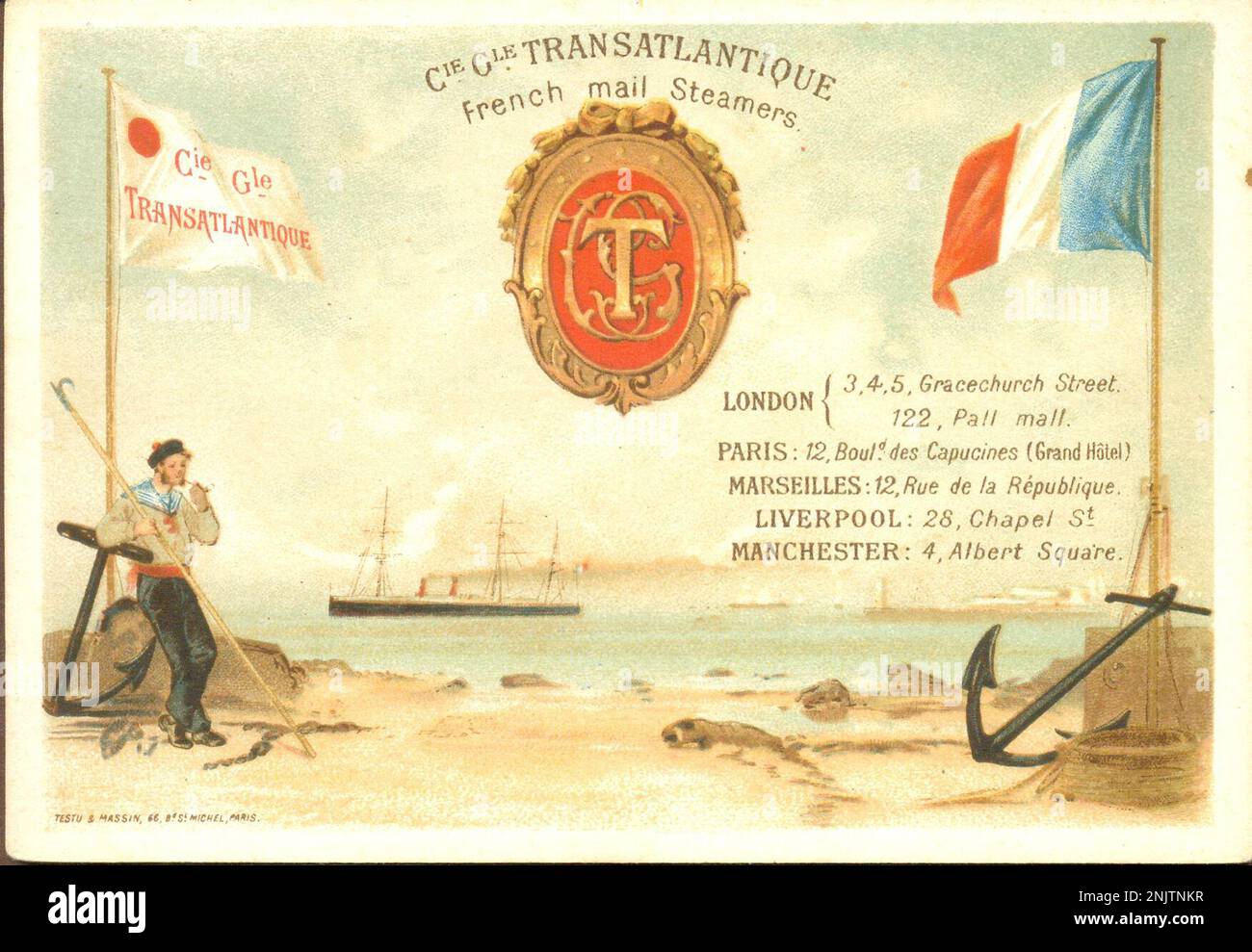 Chromolithographierte Werbekarte für Rundfahrten der französischen Postdampfer ab Liverpool und Manchester, ca. 1895 Stockfoto