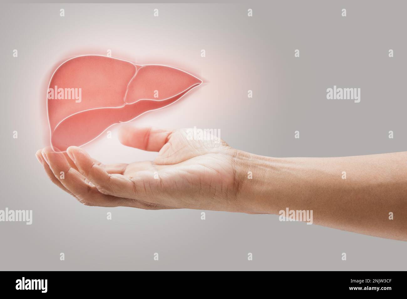 Mann hält Leber Illustration vor grauen Wand Hintergrund. Konzept mit psychischem Gesundheitsschutz und Pflege. Stockfoto