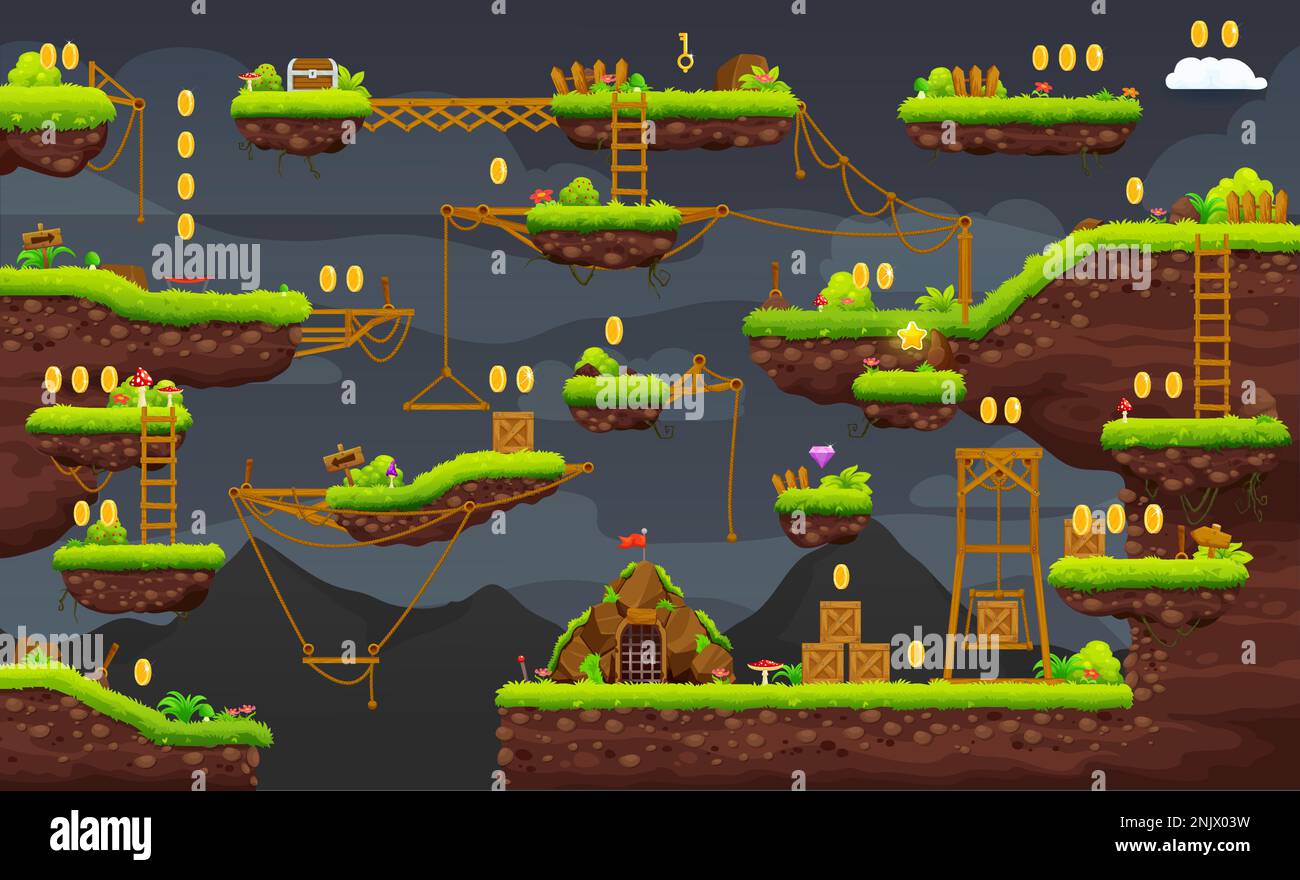 2D Kartenschnittstelle für Arcade-Spiele auf Nachtebene. Plattform, Treppe, Münzen, Bonus- und Box-Symbole. Bildschirm mit Computer- oder Konsolenvideospielen, Retro-Arkadenhintergrund auf Vektorebene mit Sprungplattformen und -Seilen Stock Vektor