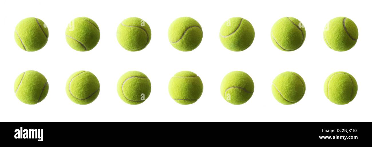 Gruppe von Tennisbällen in verschiedenen Ausschnitten mit weißem isoliertem Hintergrund Stockfoto