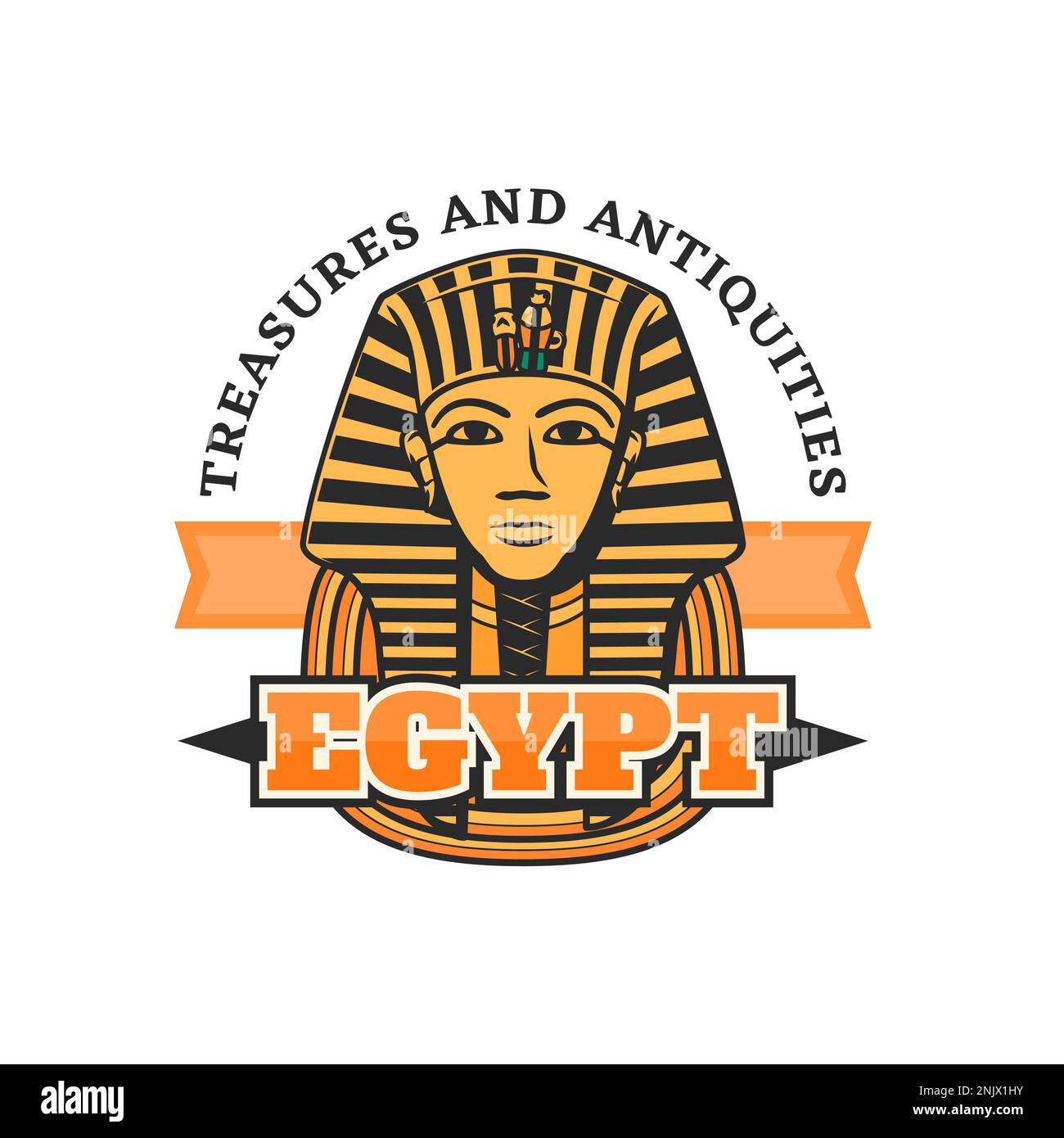 Tutanchamun-Maske. Ägyptens Reisesymbol mit altem Königspyramidengräber Mumie goldener Sarkophag. Ägyptische Kultur, Geschichte und Religion, archäologisches Vektorsymbol oder Retro-Emblem Stock Vektor