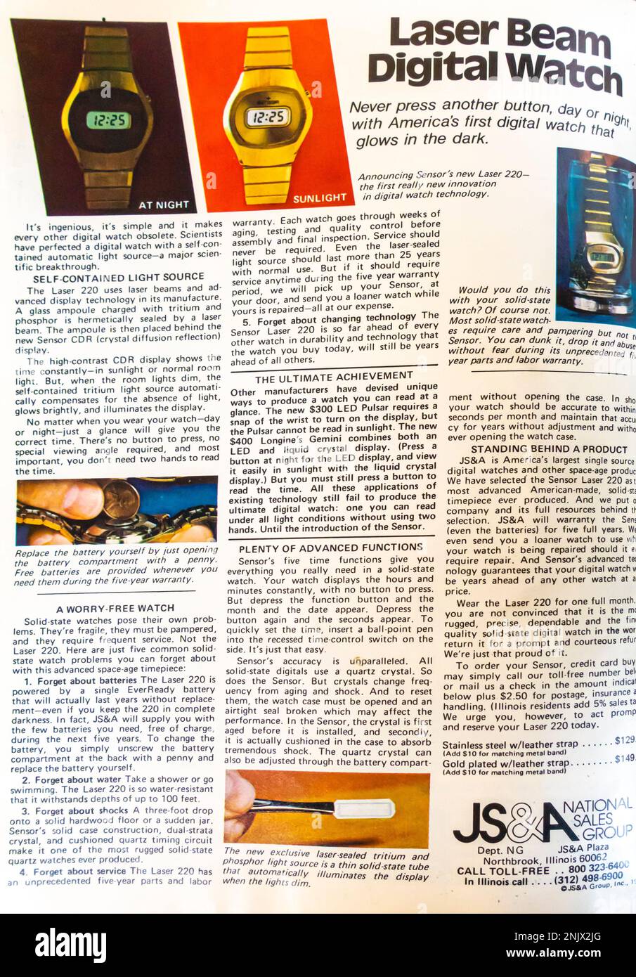 Werbung für JS & A Vertriebsgruppe – Laser Beam Digitaluhr – Sensor Laser 200 – LED-Uhren in einem Magazin in NatGeo, Juni 1976 Stockfoto