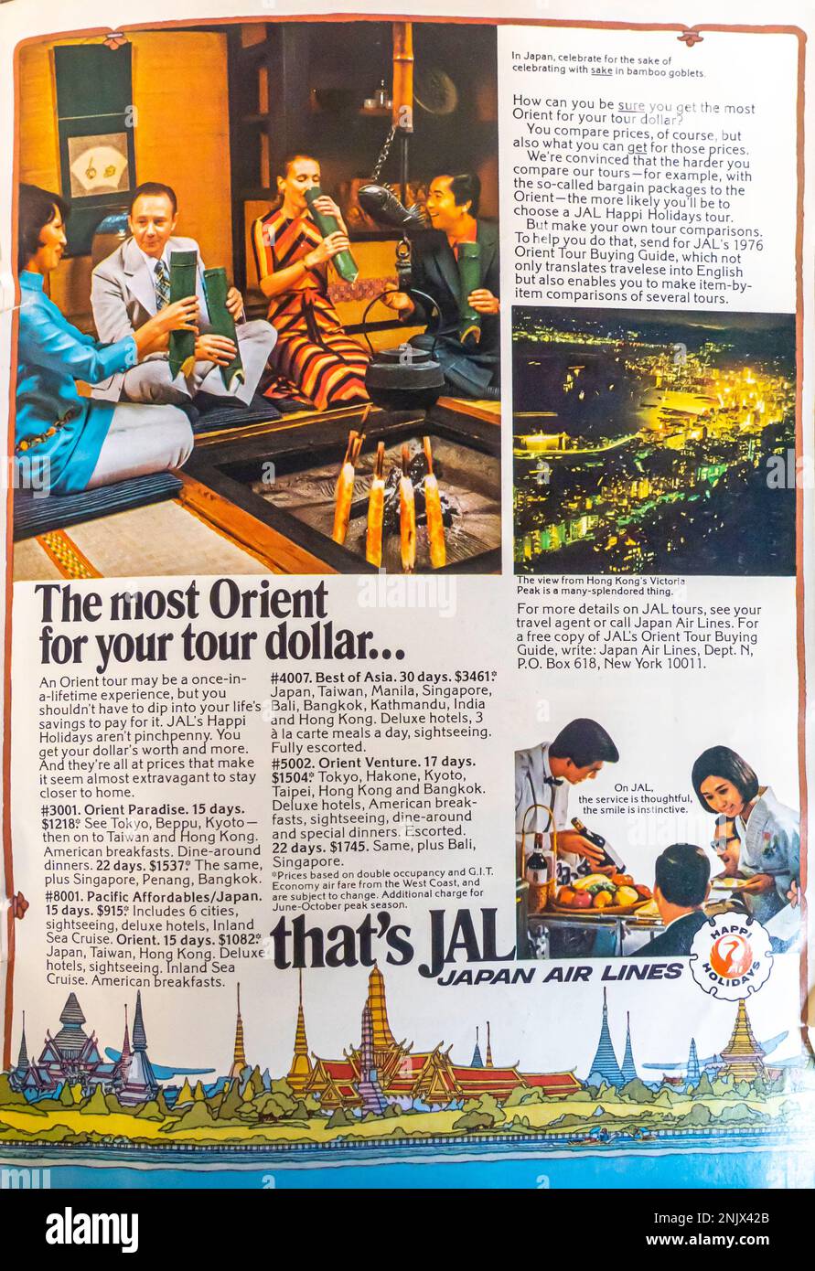Reisewerbung von JAL Japan Airlines in einem Magazin in NatGeo, Juni 1976 Stockfoto