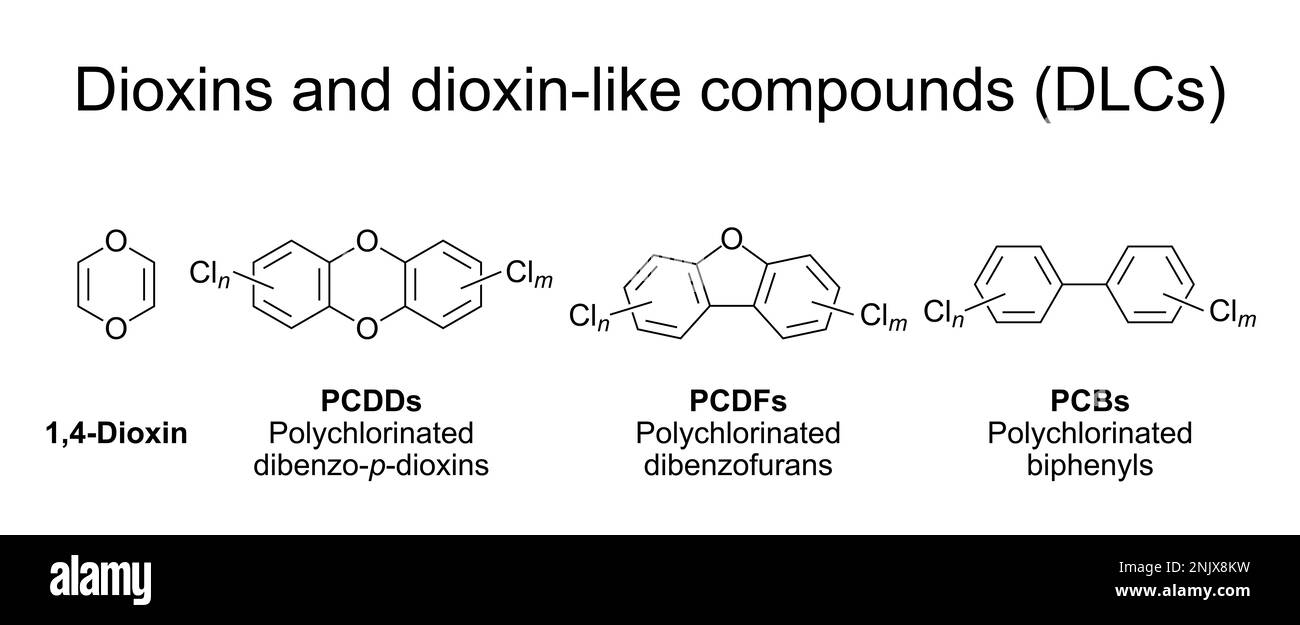 Dioxine und dioxinähnliche Verbindungen (DLCs), allgemeine Strukturen. Gruppe chemischer Verbindungen, persistente organische Schadstoffe (POP) in der Umwelt. Stockfoto