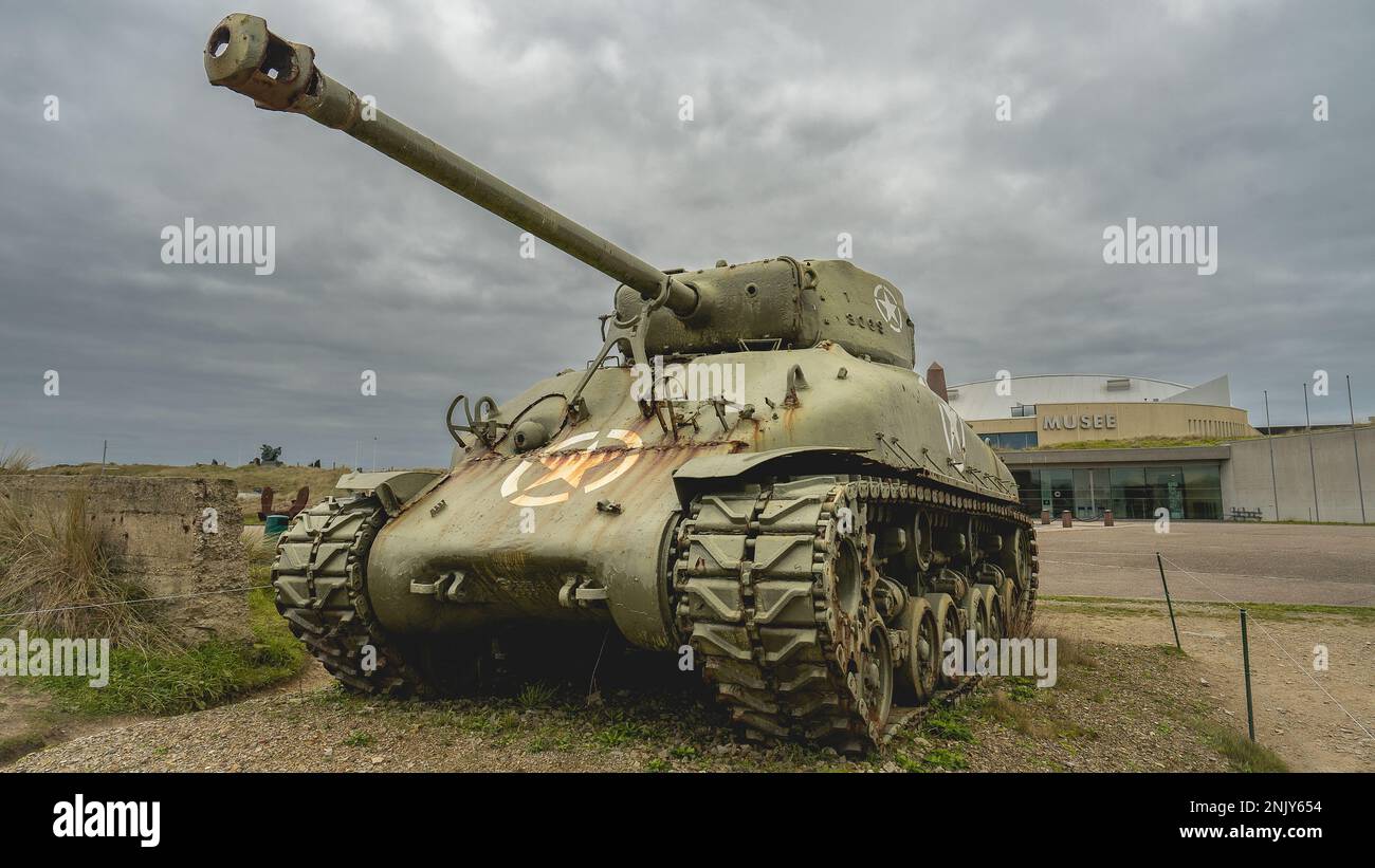 Amerikanischer Sherman-Tank, im Landingsmuseum in Utah Beach, Normandie Frankreich Stockfoto