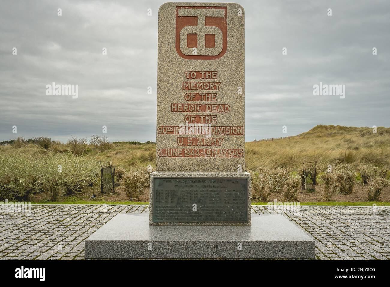 Utah Beach Landingsmuseum, Denkmäler aus den Divisionen, die am Utah Beach gekämpft haben. Normandie France 4 Februari 2023. Stockfoto