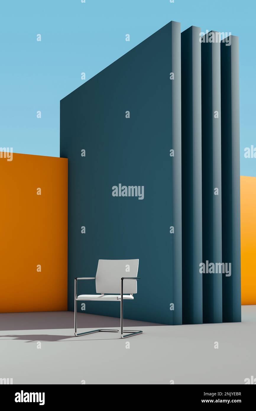 Moderner minimalistischer Außenbereich mit weißem Stuhl an den Wänden Stockfoto