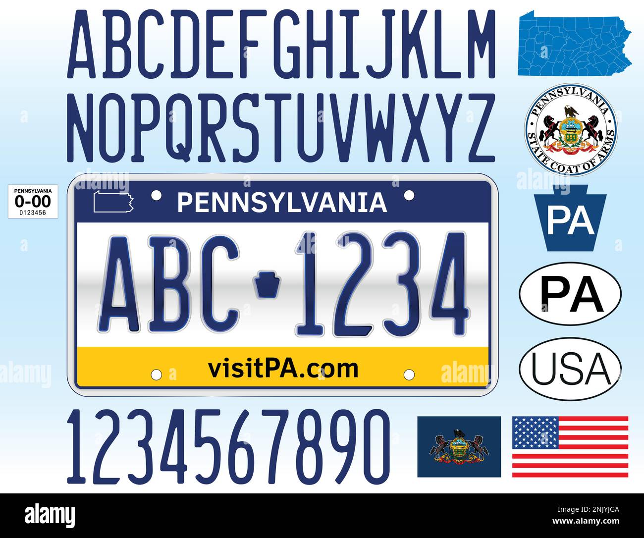 Pennsylvania Nummernschildmuster, Buchstaben, Zahlen und Symbole, Vektordarstellung, USA Stock Vektor
