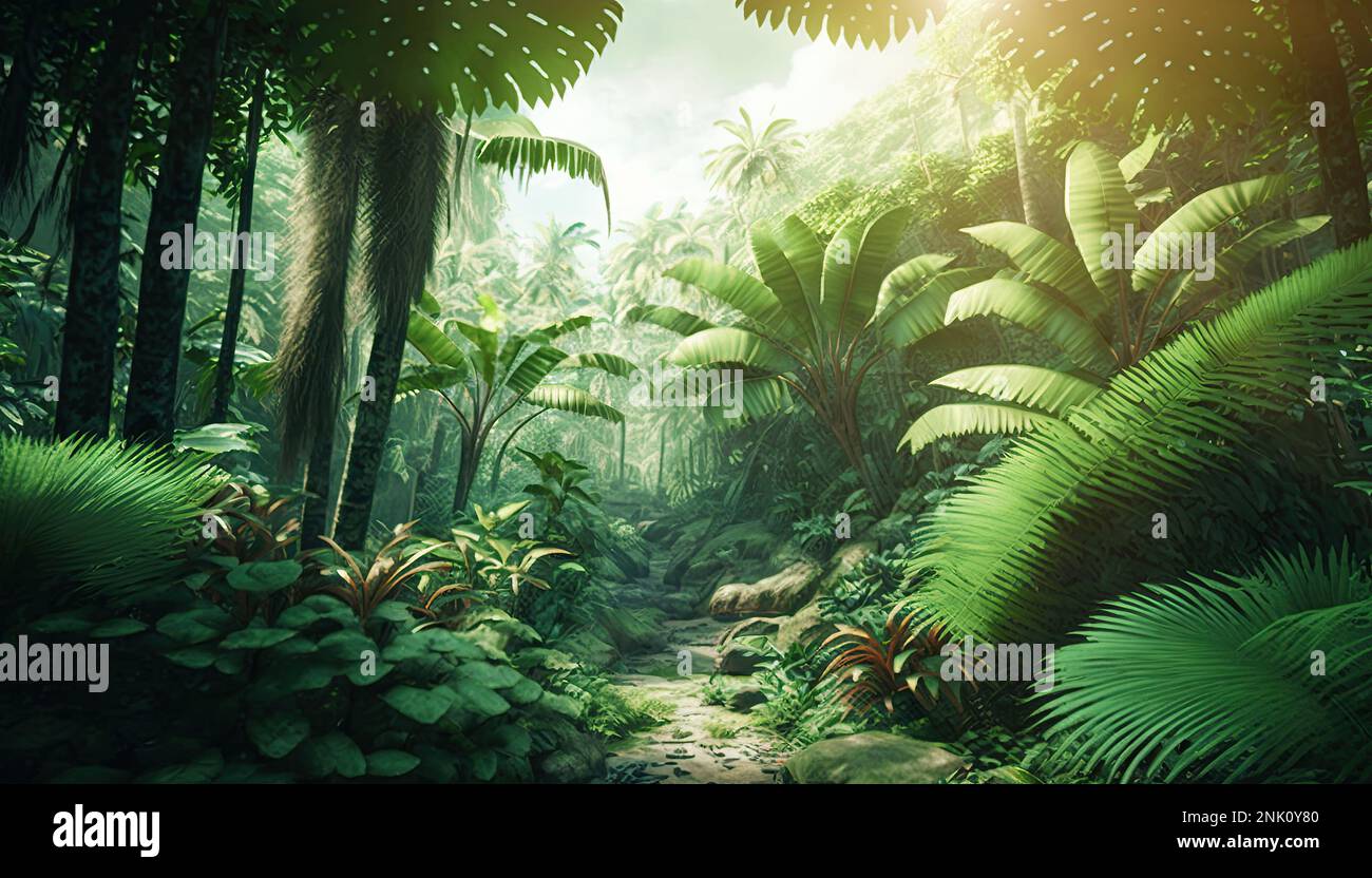 Die tropischen Wälder von 10.000 v. Chr. waren eine lebendige und dynamische Umgebung, die voller Leben und Artenvielfalt strotzte. Sie waren ein wichtiger Teil des natürlichen Wesens Stockfoto