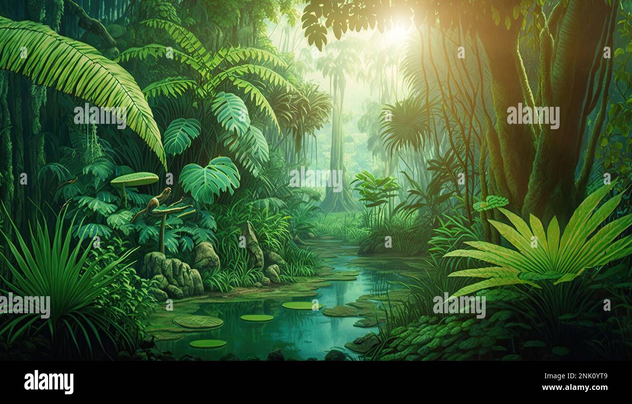 Um 10.000 v. Chr. waren die tropischen Wälder üppig, vielfältig und voller Leben. Das Klima war im Allgemeinen wärmer und feuchter, was die dichte Vegetation unterstützte Stockfoto