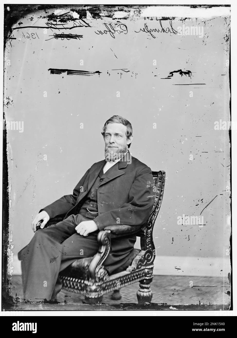 Porträt von Schuyler Colfax, Kongressabgeordneter aus Indiana und späterer Vizepräsident der Vereinigten Staaten unter Präsident Ulysses S. Grant. Dieses Bild wurde während seiner Zeit im politischen Amt aufgenommen. Stockfoto