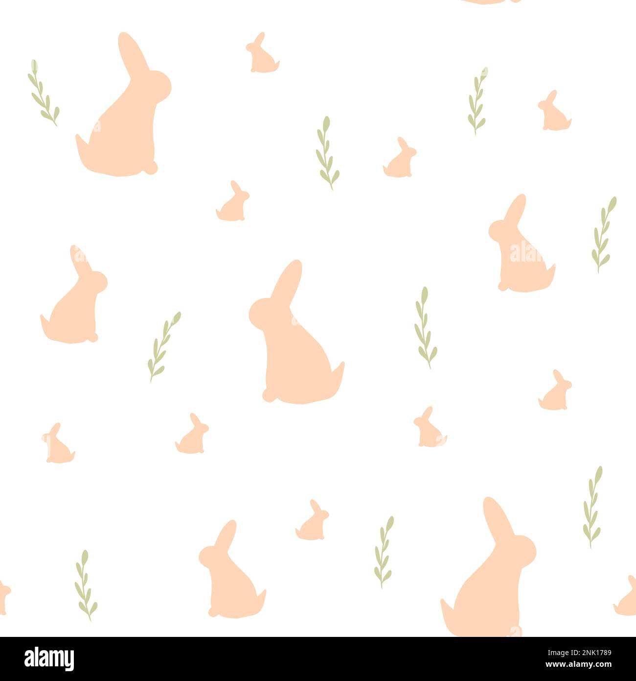 Nahtloses Muster mit Kaninchen-Silhouette und Blättern auf weißem Hintergrund, zarter Druck für Tapete, Cover-Design, Weihnachtsdekor, Kindermode, 2023-Symbol Stock Vektor