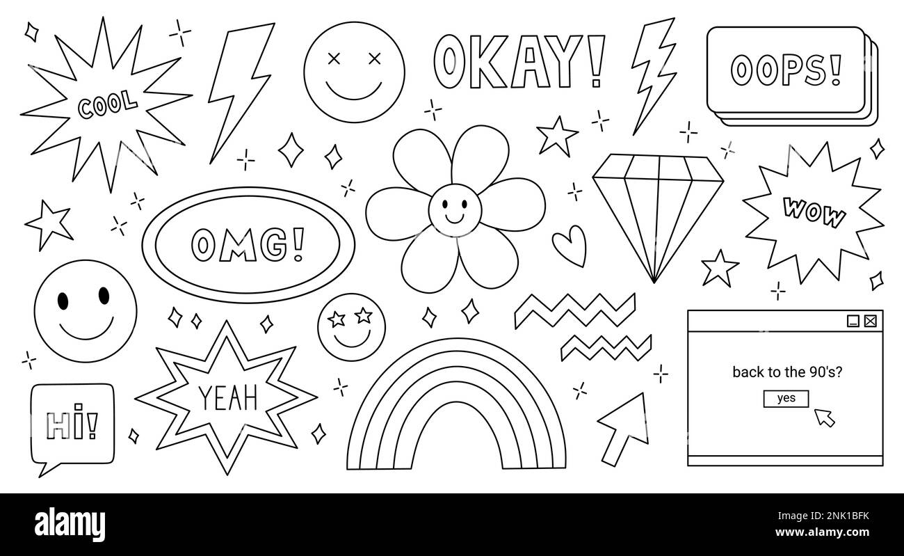 Ein Set mit Grafikelementen des 90s. Lächelnde Gesichter Symbole, Lichter, Diamanten, Sterne und Sprechblasen mit dem Text Ja, ups, cool, Wow. Handgezeichnete Vektorgrafik im Doodle-Stil. Stock Vektor