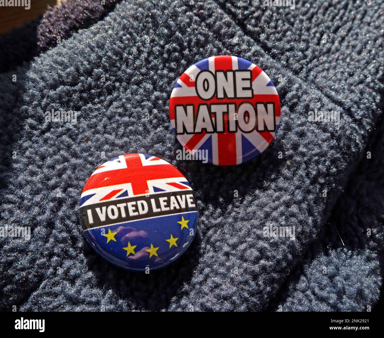 Abzeichen auf einer Tory Wählerjacke - Ausscheidende und ein-Nation-Konservative, werden sie sich wieder als Unterstützer erweisen? Stockfoto