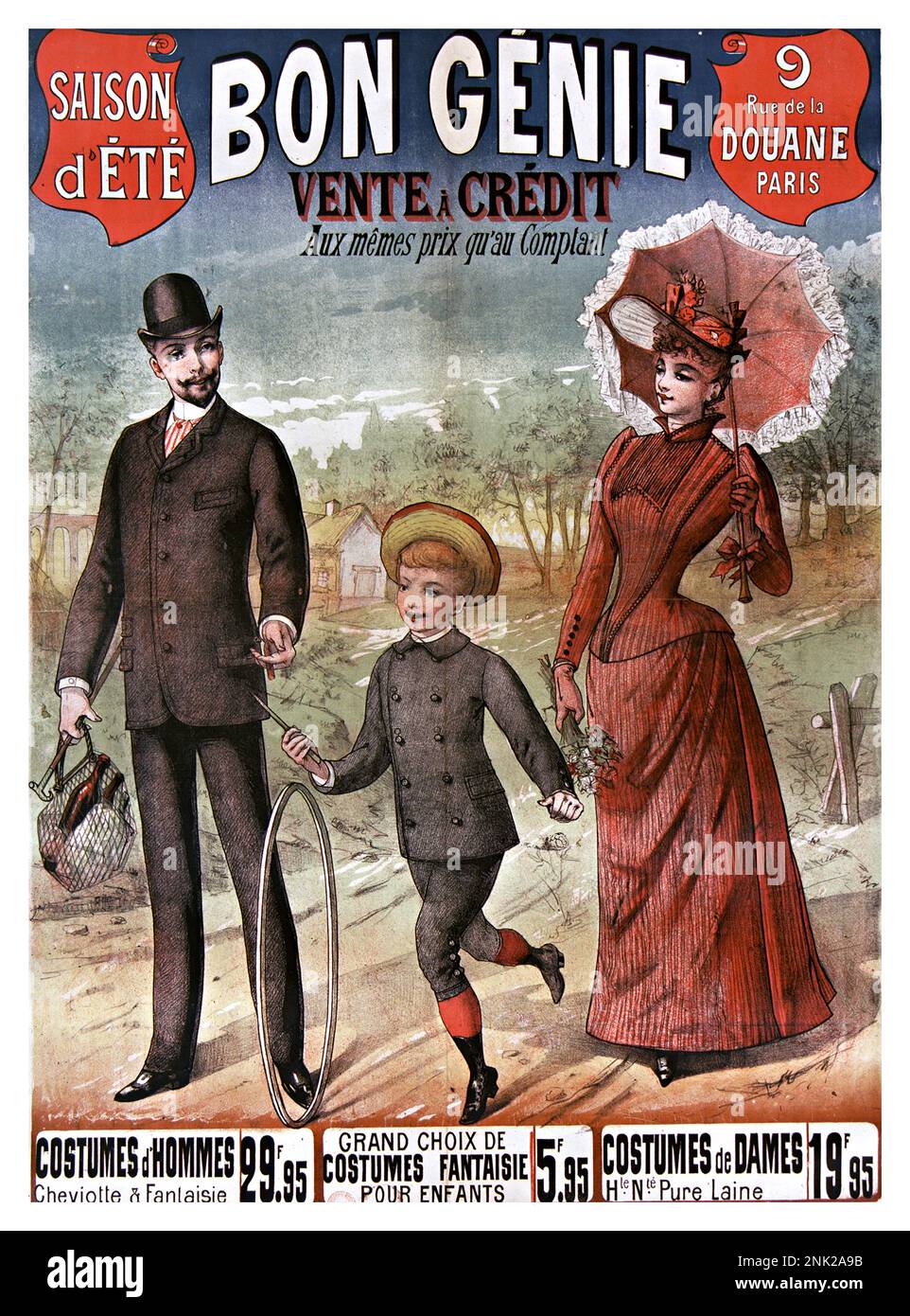 Viktorianisches Poster zur Illustration von Werbeanzeigen für Herren- und Damenbekleidung, ca. 1899 Stockfoto