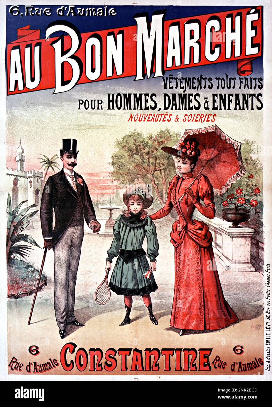 Viktorianisches Poster zur Illustration von Werbeanzeigen für Herren- und Damenbekleidung, ca. 1899 Stockfoto