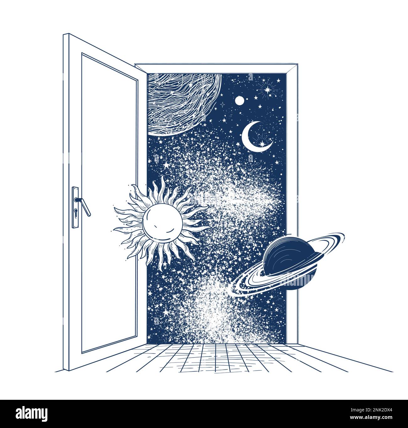 Öffnen Sie die Tür zum Weltraum mit fliegenden Planeten, Sonne und Mond. Konzept der Vorstellungskraft, neue Idee, neue Möglichkeiten und neues Leben. Vektordarstellung für t-shir Stock Vektor