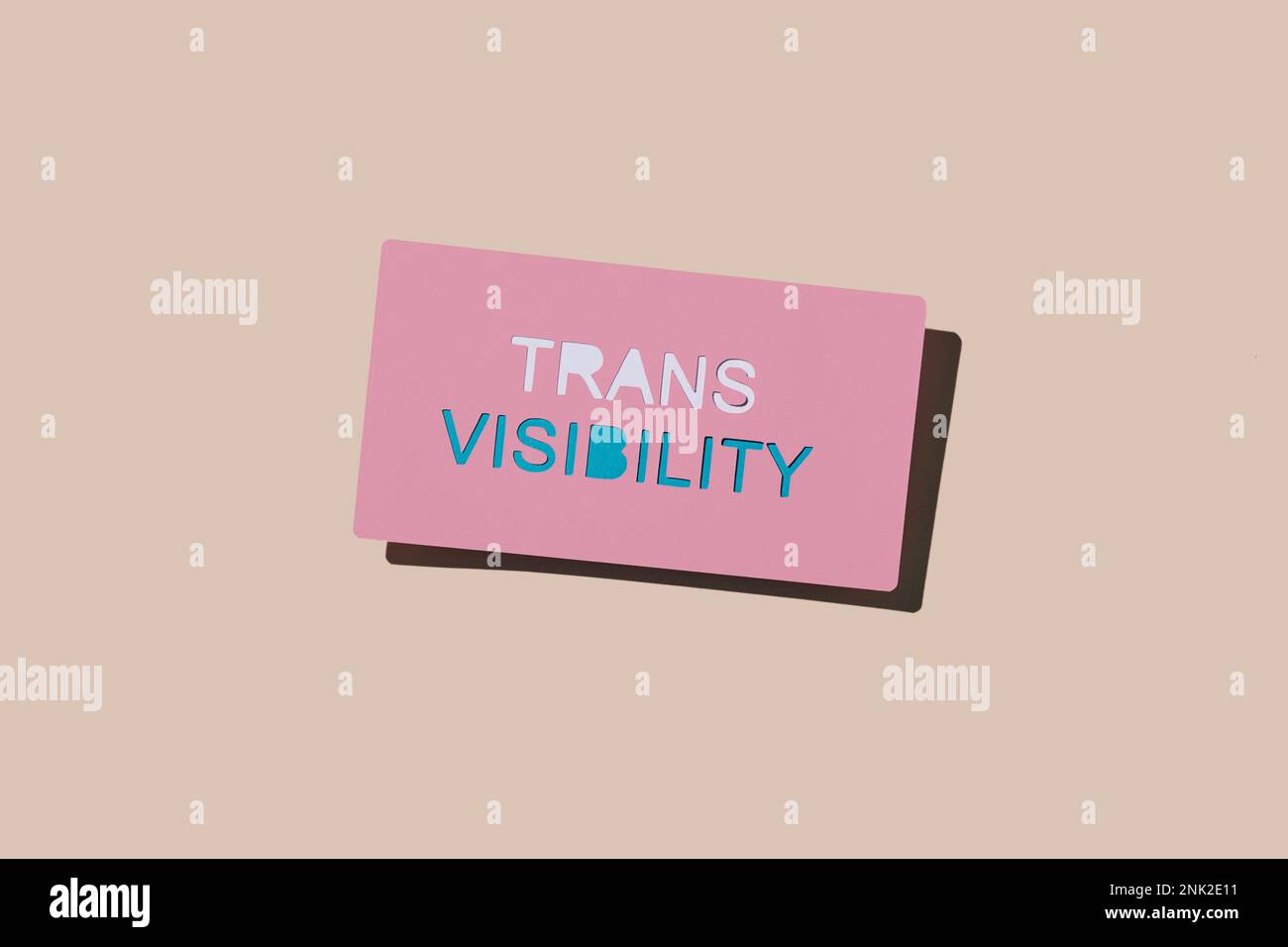 Ein rosafarbenes Pappschild mit dem Text Trans Visibility auf hellrosa Hintergrund Stockfoto