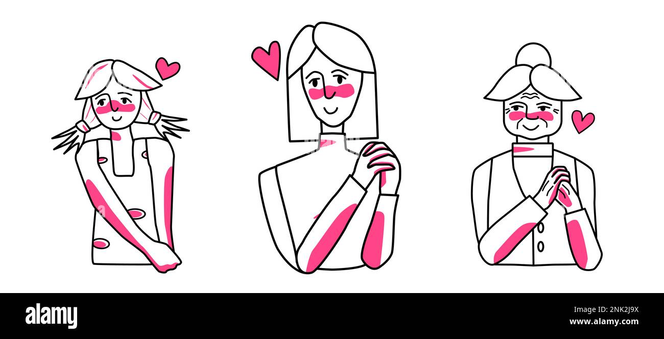 Weiblich in Liebe Set. Sammlung von geliebten jungen, erwachsenen und alten Frauen mit Leidenschaft und Lächeln. Strichzeichnungen zeichnen menschliche Figuren mit pinkfarbenen Punkten. Stock Vektor