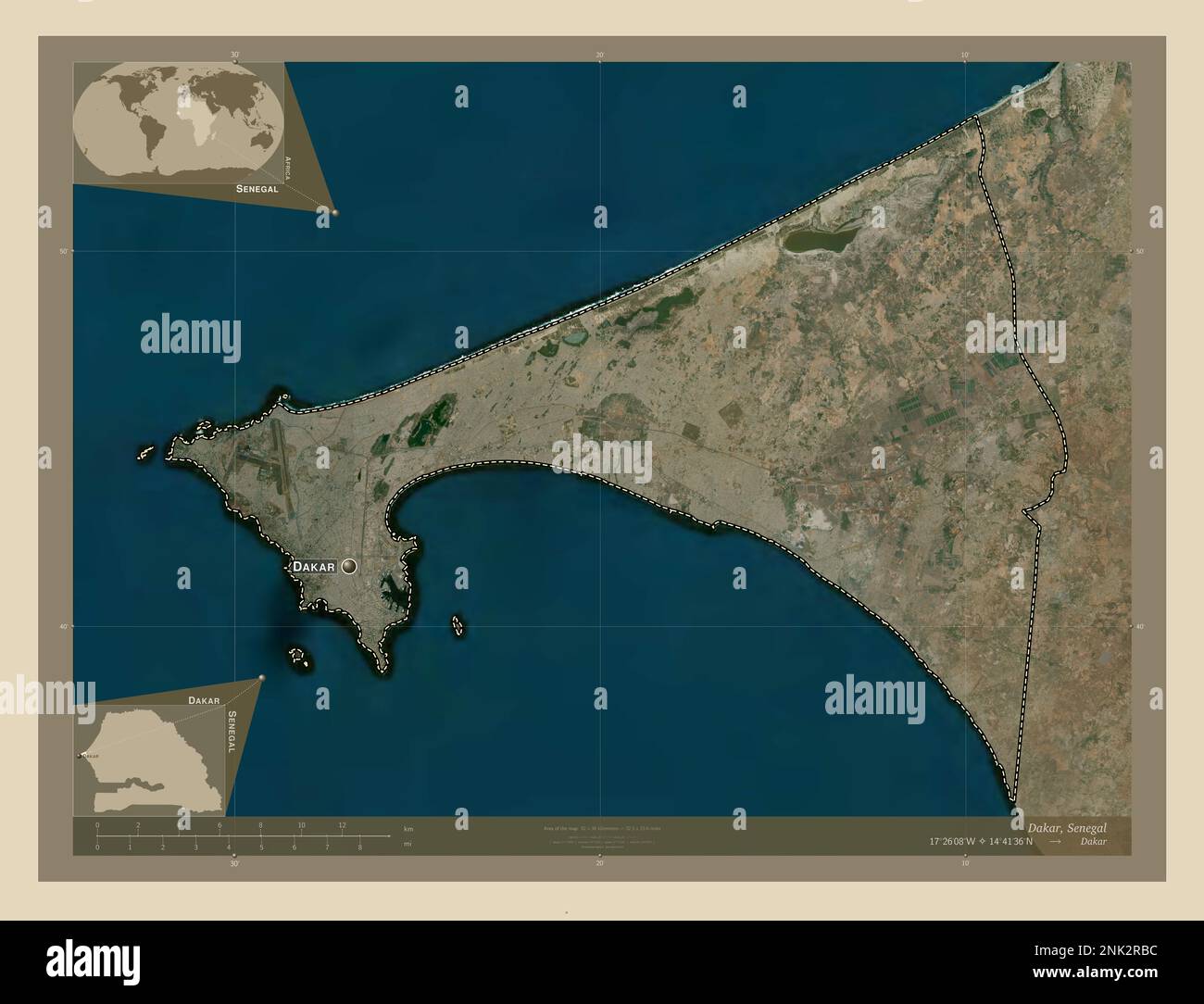 Dakar, Region Senegal. Hochauflösende Satellitenkarte. Standorte und Namen der wichtigsten Städte der Region. Eckkarten für zusätzliche Standorte Stockfoto