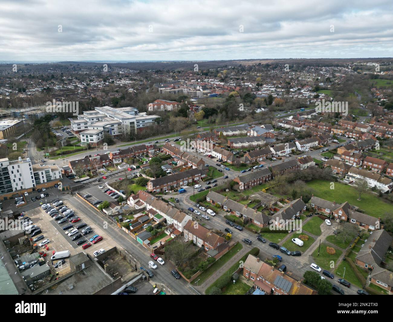 Debden Housing Estate Streets und Roads Essex UK Drohne aus der Vogelperspektive Stockfoto