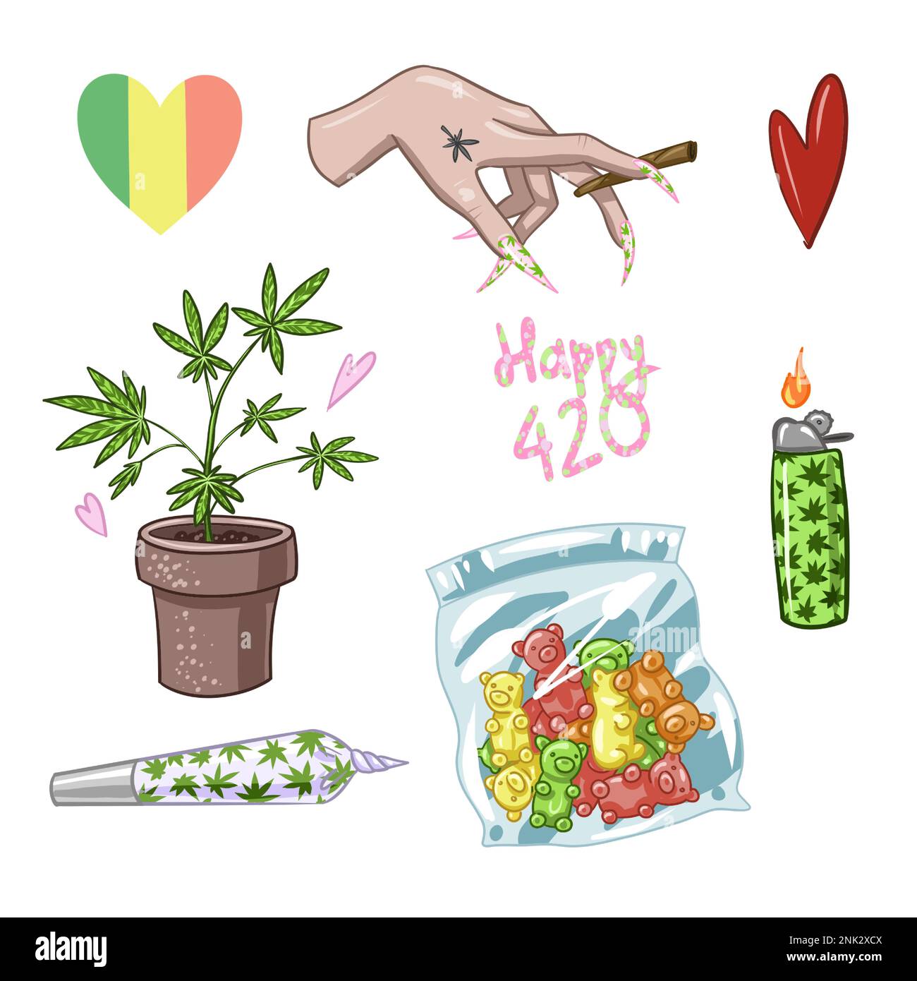 Ein Set Marijuana. Cannabis legalisieren. Gras rauchen. Vektordarstellung von Unkraut Stock Vektor