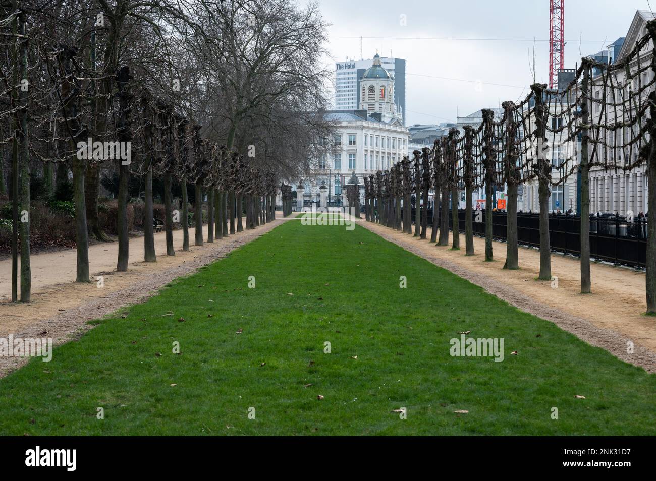 Stadtzentrum von Brüssel, Region Brüssel-Hauptstadt, Belgien - 19 2023. Januar - Blick auf die grünen Rasenflächen und Wanderwege des Brüsseler Parks Stockfoto
