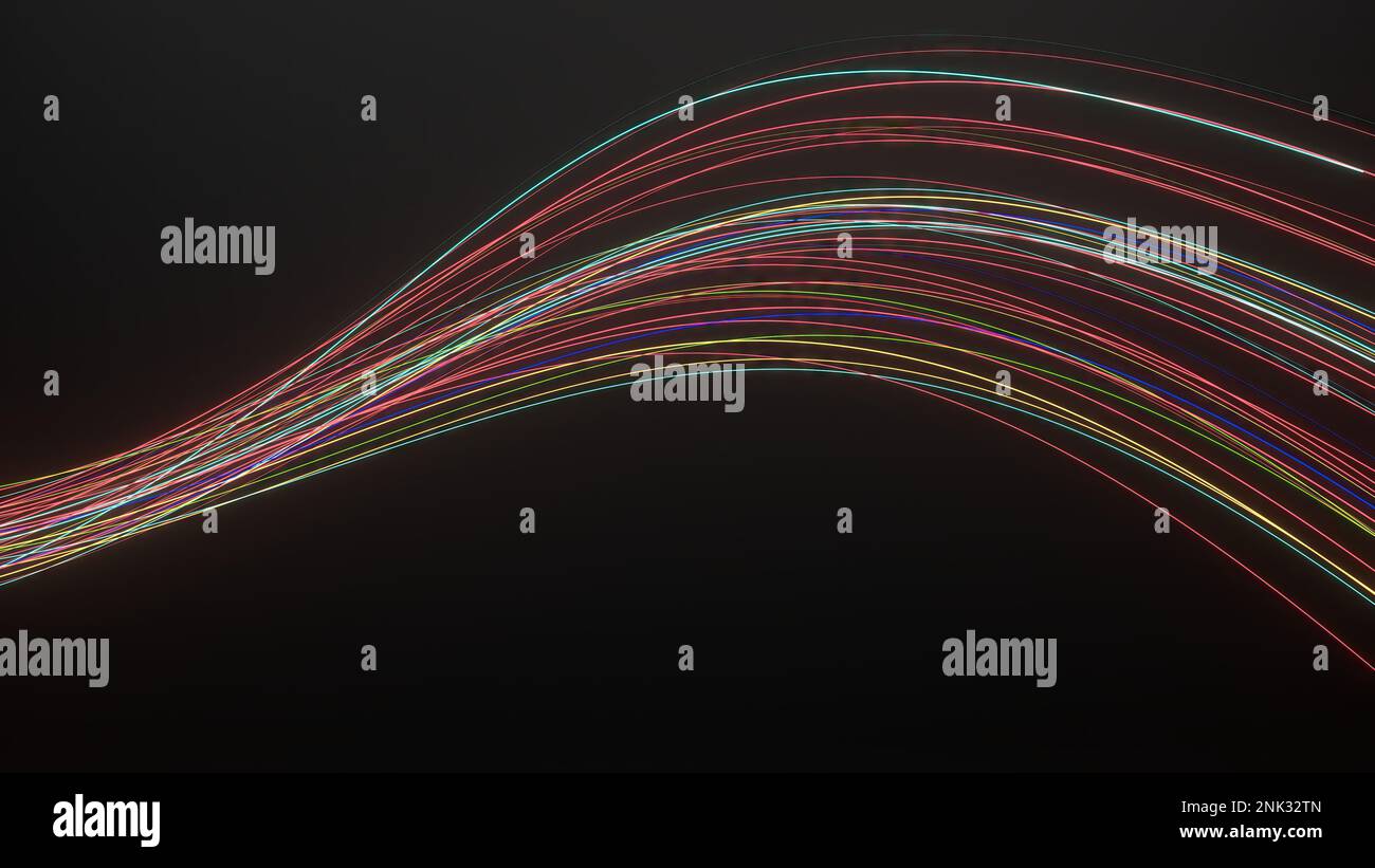 Regenbogenfarbene helle Linien, die wie der Wind schwellen, dramatisches, modernes und modernes, luxuriöses Grafikelement Material hohe Qualität 3 Stockfoto