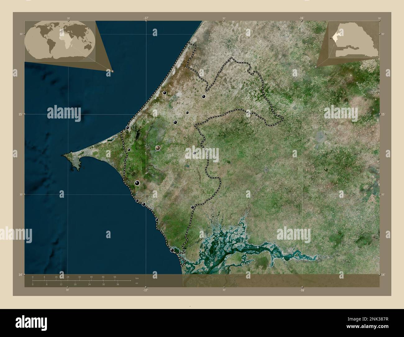 Thies, Region Senegal. Hochauflösende Satellitenkarte. Standorte der wichtigsten Städte der Region. Eckkarten für zusätzliche Standorte Stockfoto