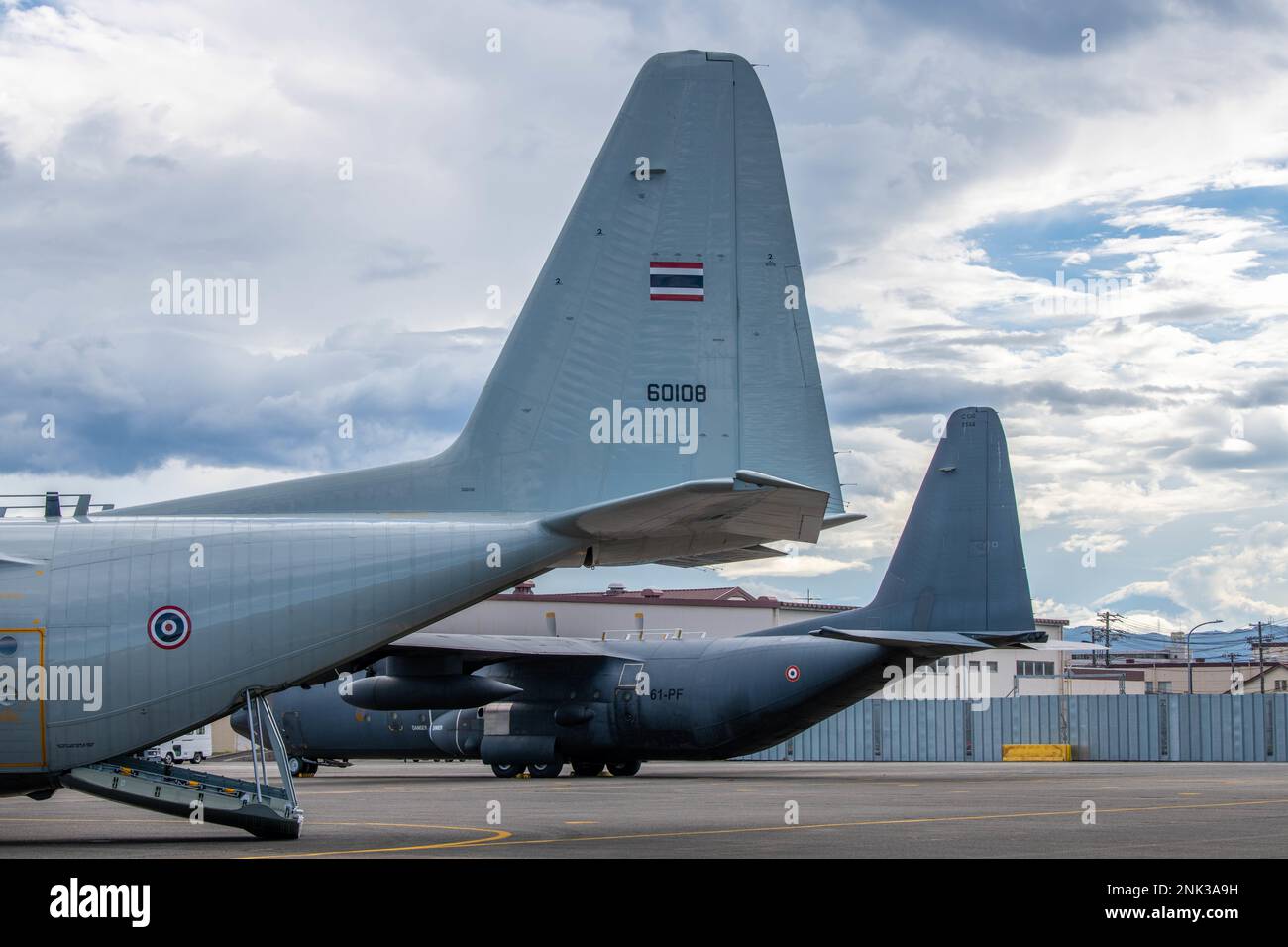 C-130H Herkules-Schwänze, die dem 601. Geschwader der Royal Thai Air Force und der französischen Luftwaffe (Armee de L'Air) gehören, sitzen am 11. August 2022 auf dem Luftwaffenstützpunkt Yokota, Japan. Die französische Luftwaffe und einzeln die 601. Geschwader der Royal Thai Air Force kamen im gleichen Zeitraum nach Japan, um ihre eigenen multilateralen Schulungen durchzuführen. Sowohl Frankreich als auch Thailand sind Teil der Vereinten Nationen, und der Luftwaffenstützpunkt Yokota ist einer von sieben US-Stützpunkten, die für die gemeinsame Verwendung durch das Kommando der Vereinten Nationen auf der Rückseite bestimmt sind. Stockfoto