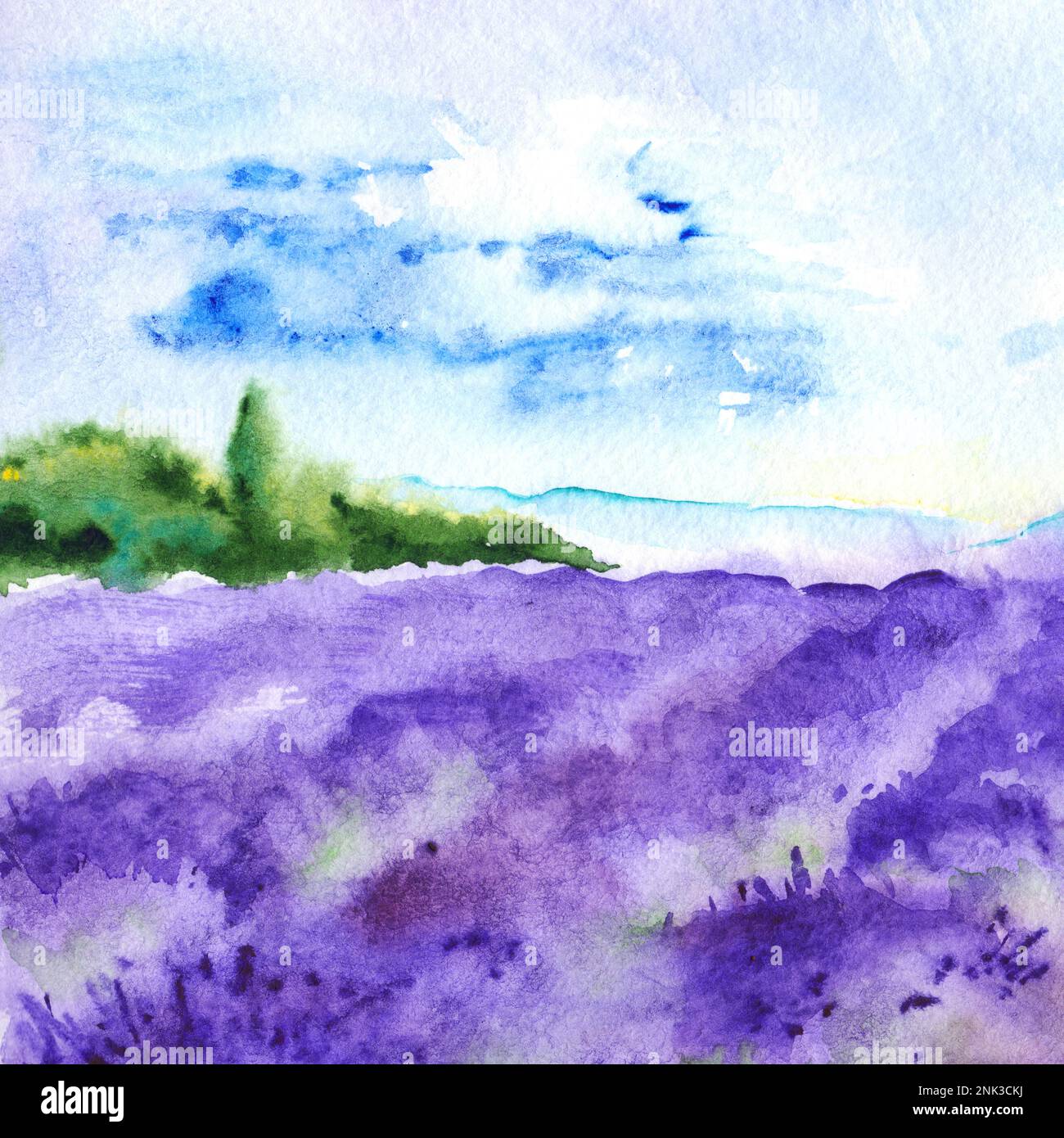 Aquarell Lavendel Felder Natur Frankreich Provence Landschaft. Stockfoto