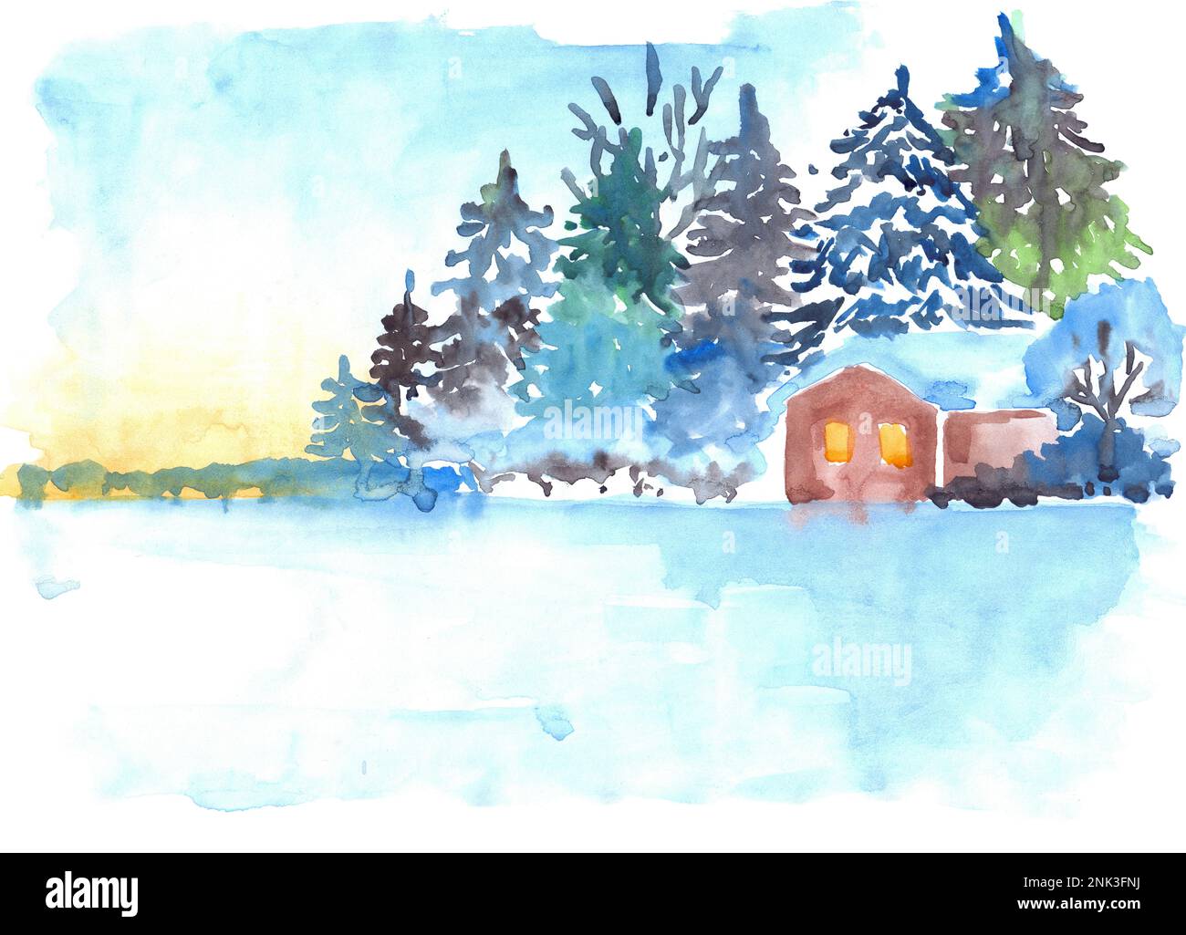 Im Winter verschneite Pinienwälder und Hauslandschaft. Stockfoto