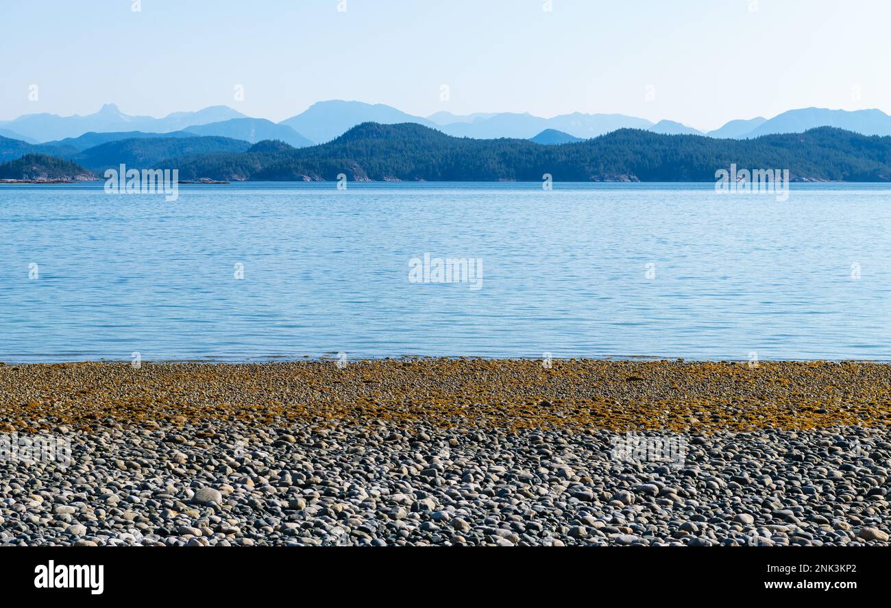 Kieselstrand bei Sonnenaufgang, Rebecca Spit Marine Provincial Park, Quadra Island, Vancouver Island, BC, Kanada. Stockfoto