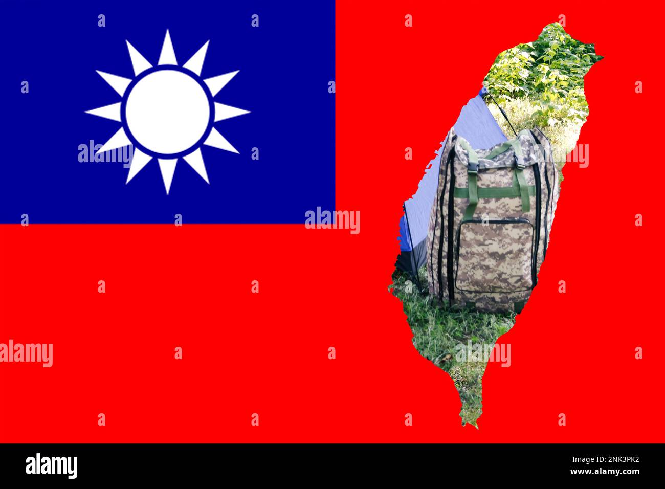 Taiwanesische Flagge, offizielle Farben und korrekte Proportionen. Nationale taiwanische Flagge. Taiwan-Karte. Demokratie. Krieg- und Militärrucksack. Krieg zwischen Chi Stockfoto