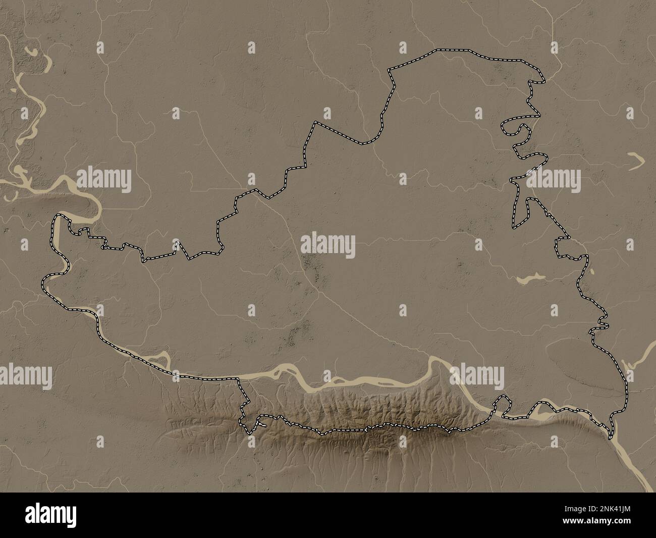 Juzno-Backi, Bezirk Serbien. Höhenplan in Sepia-Tönen mit Seen und Flüssen Stockfoto