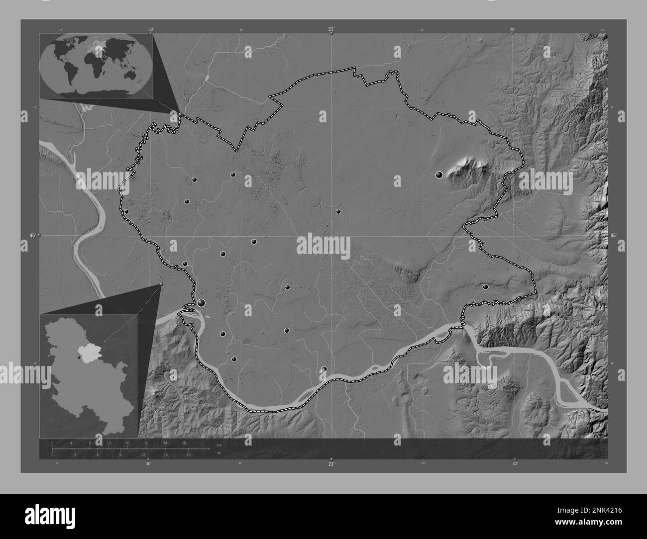 Juzno-Banatski, Bezirk Serbien. Bilevel-Höhenkarte mit Seen und Flüssen. Standorte der wichtigsten Städte der Region. Lage der Zusatzgeräte an der Ecke ma Stockfoto