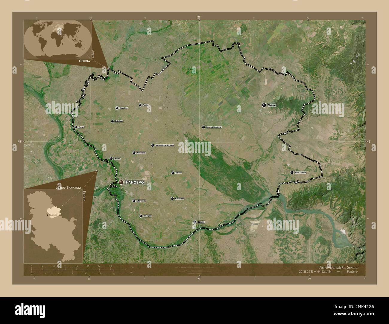 Juzno-Banatski, Bezirk Serbien. Satellitenkarte mit niedriger Auflösung. Standorte und Namen der wichtigsten Städte der Region. Eckkarten für zusätzliche Standorte Stockfoto