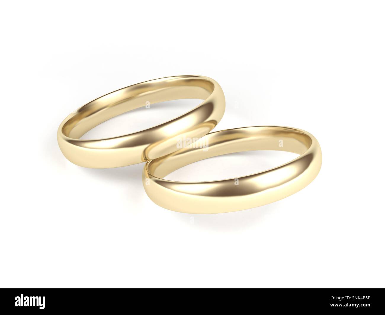 Zwei goldene Eheringe isoliert auf weißem Hintergrund. 3D Abbildung. Stockfoto
